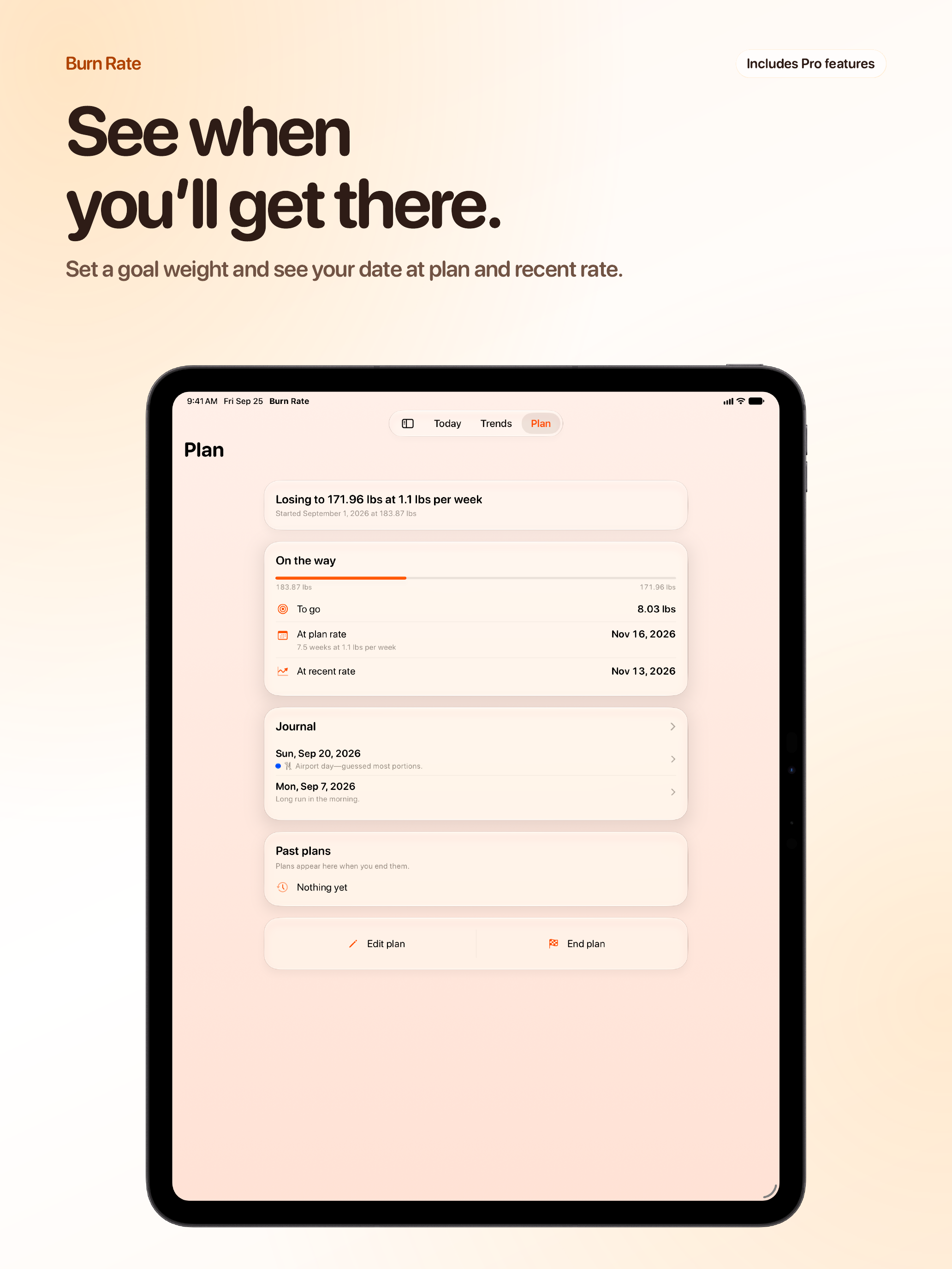 Burn Rate App Store screenshot for iPad Pro 13-inch showing Plan.