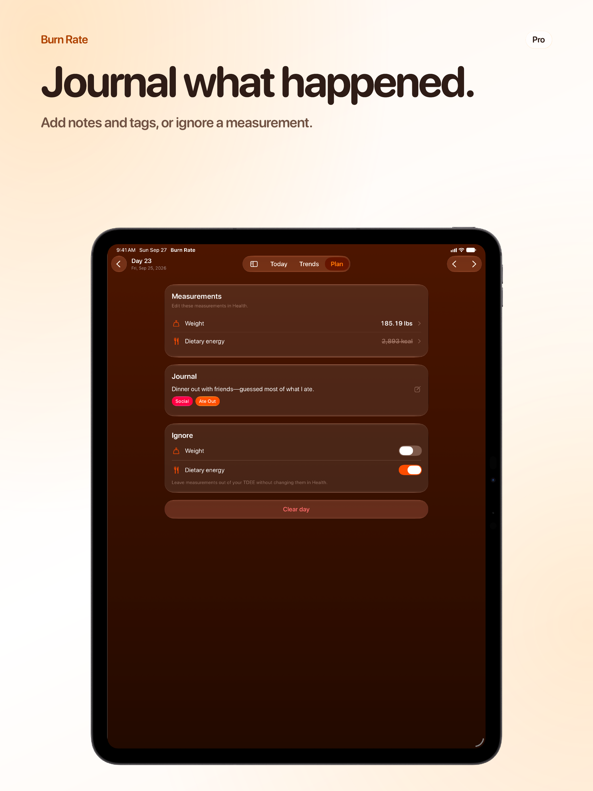 Burn Rate App Store screenshot for iPad Pro 13-inch showing Journal.