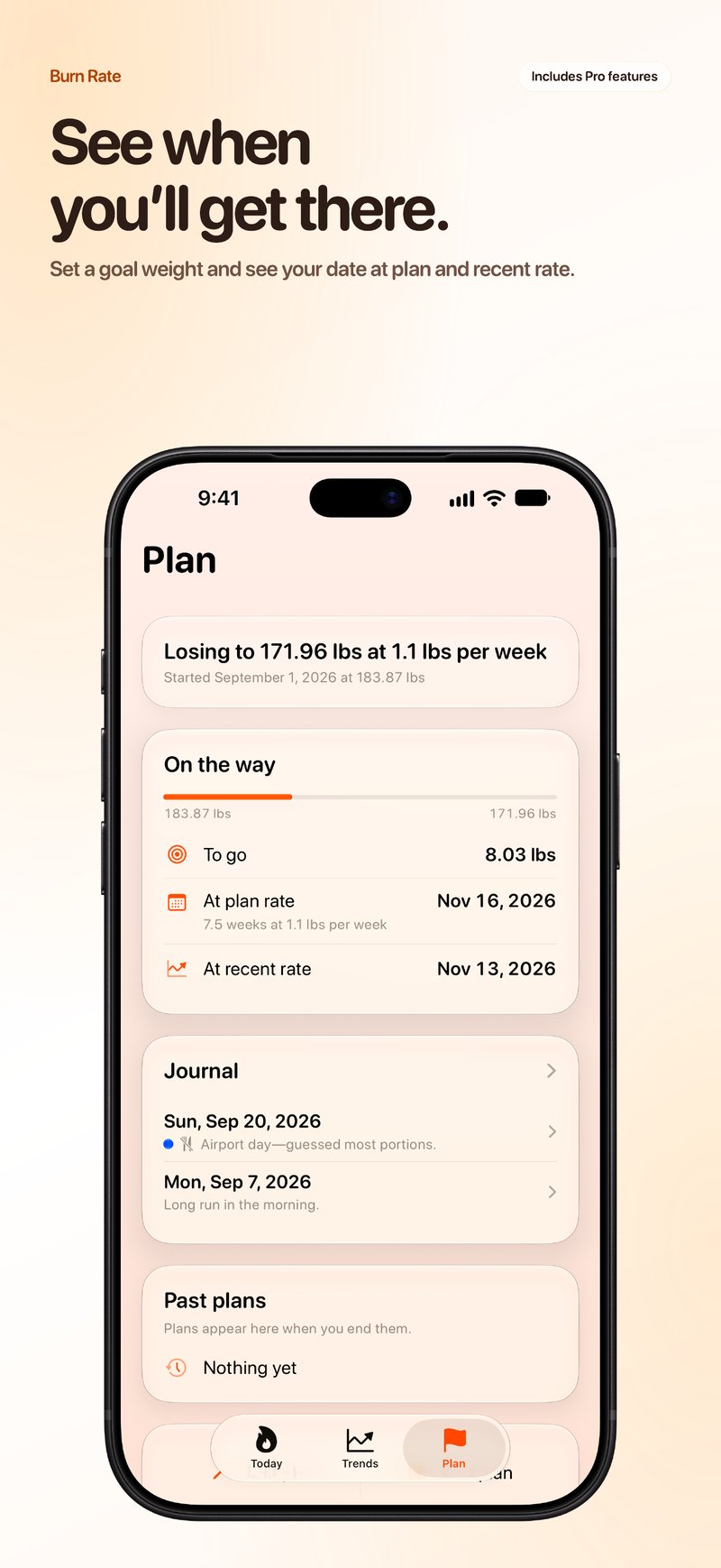 Burn Rate App Store screenshot for iPhone 18 Pro Max showing Plan.