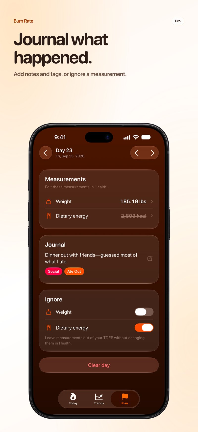 Burn Rate App Store screenshot for iPhone 18 Pro Max showing Journal.