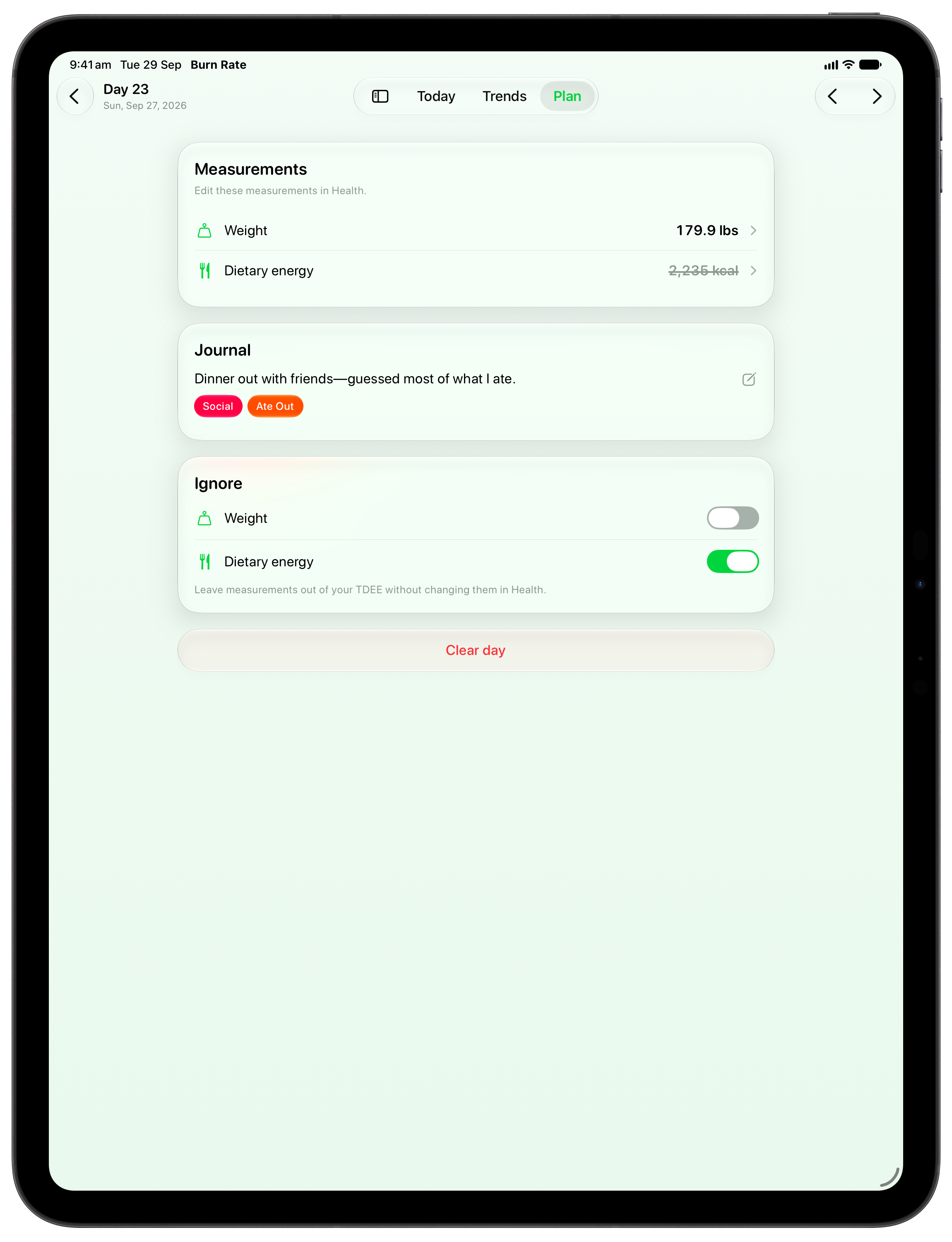Burn Rate on iPad Pro 13-inch showing Day Detail in the Green tint, light appearance.