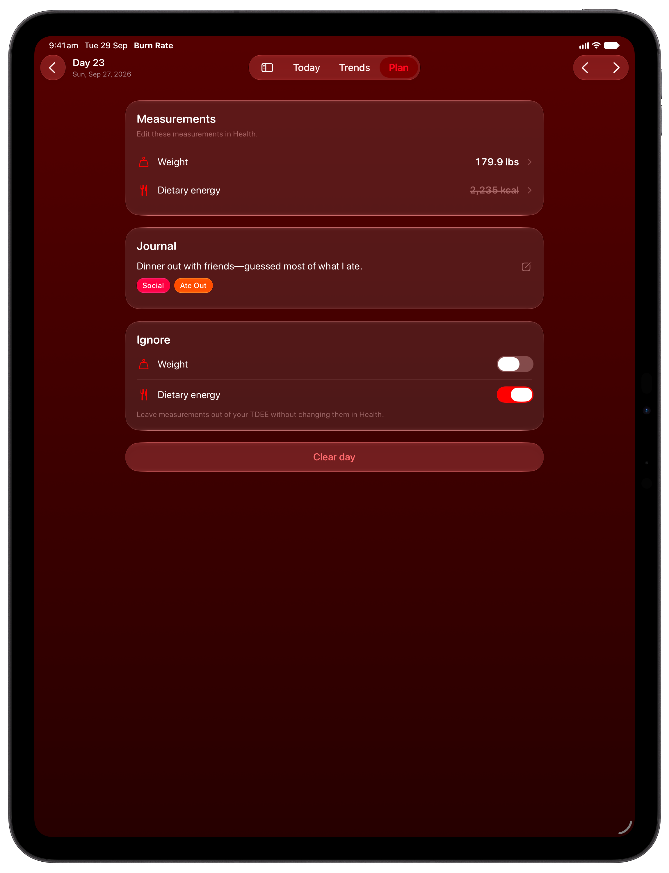 Burn Rate on iPad Pro 13-inch showing Day Detail in the Red tint, dark appearance.