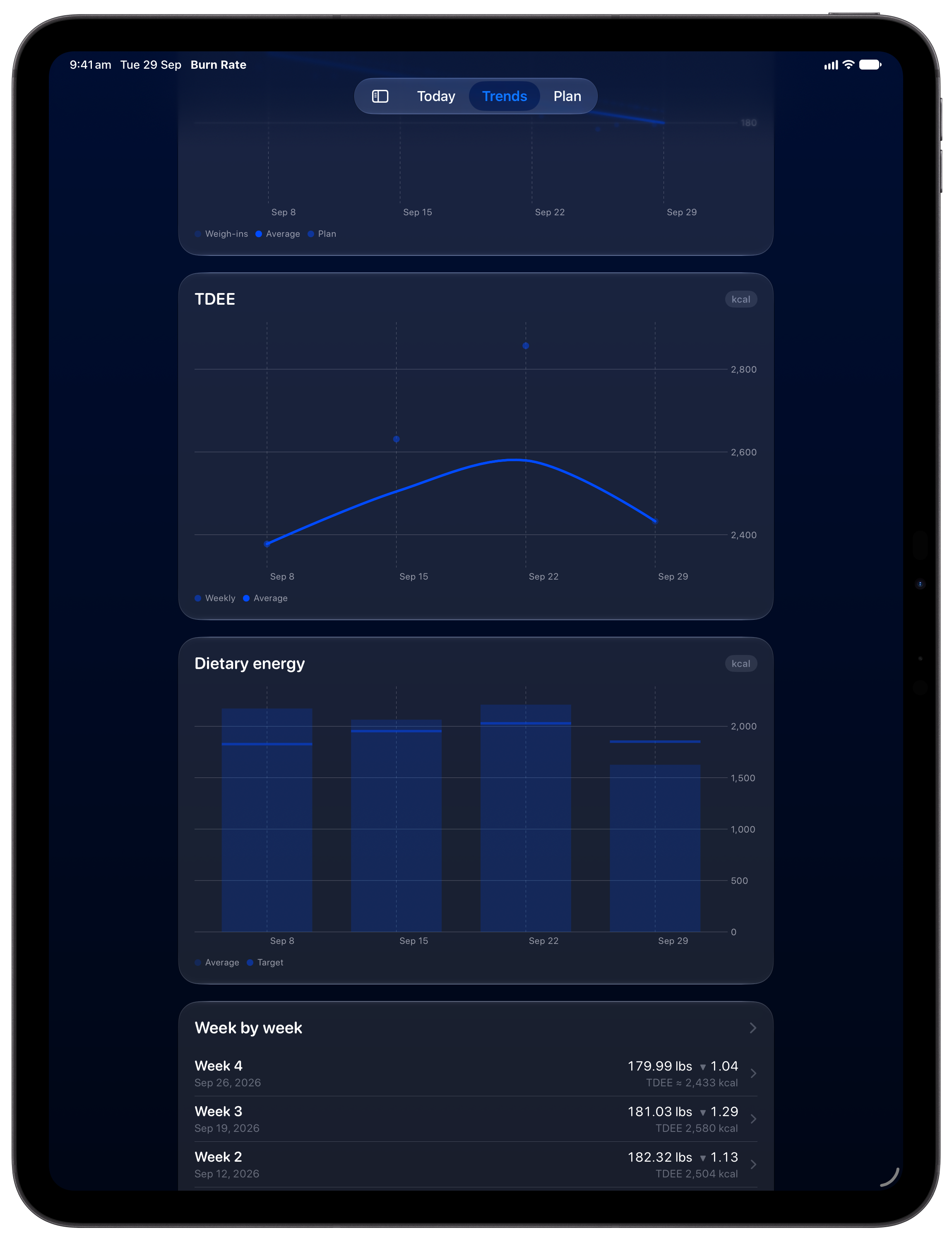 Burn Rate on iPad Pro 13-inch showing Intake Target in the Blue tint, dark appearance.