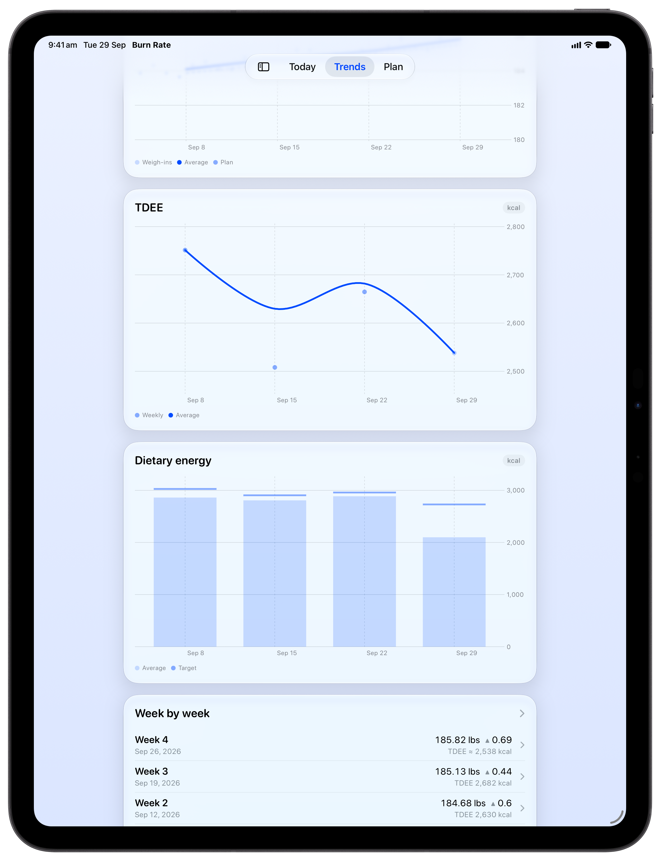 Burn Rate on iPad Pro 13-inch showing Intake Target in the Blue tint, light appearance.