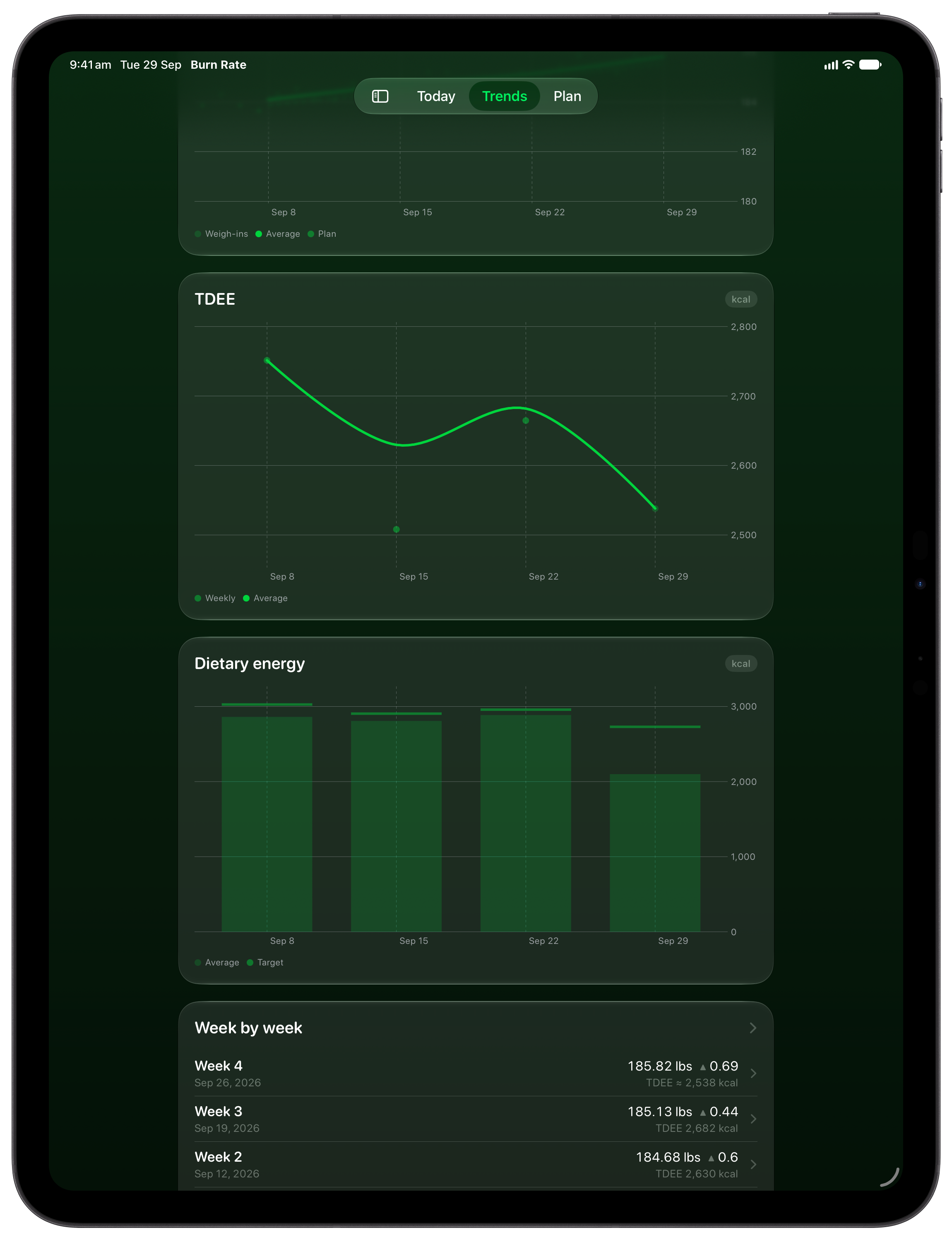Burn Rate on iPad Pro 13-inch showing Intake Target in the Green tint, dark appearance.