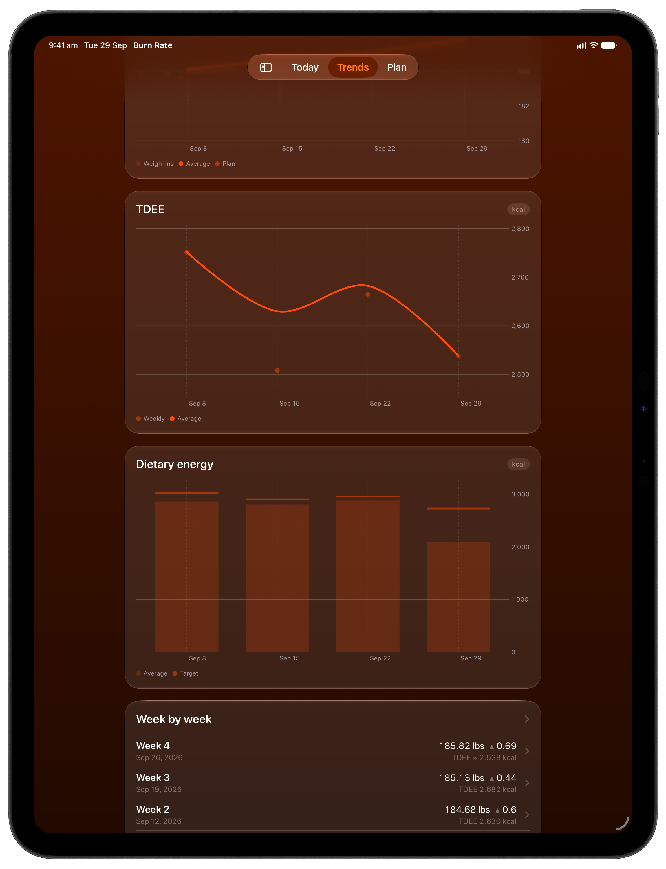 Burn Rate on iPad Pro 13-inch showing Intake Target in the Orange tint, dark appearance.