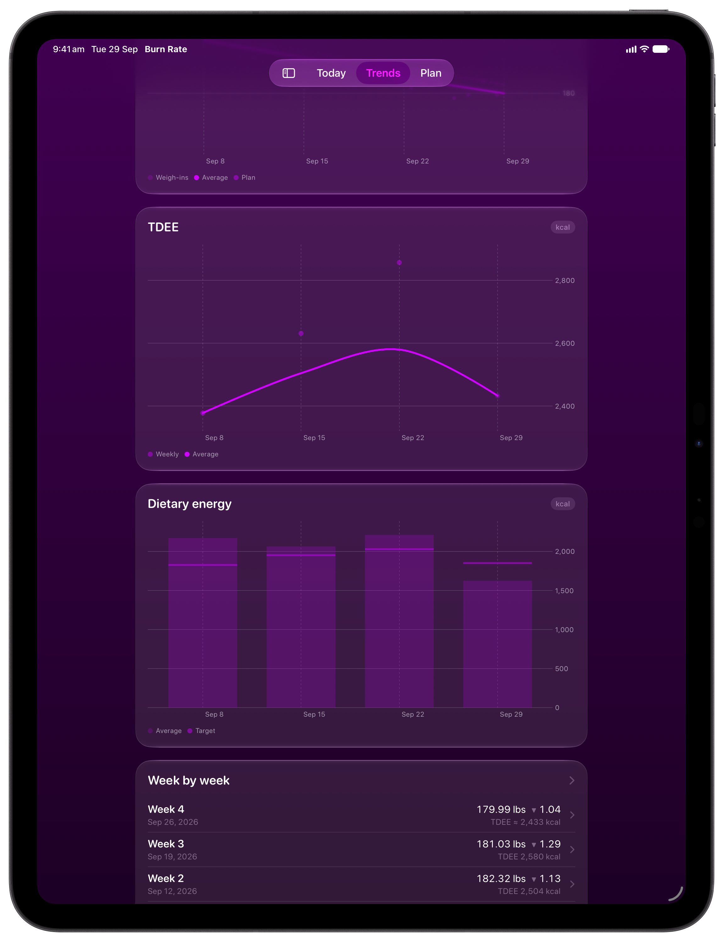 Burn Rate on iPad Pro 13-inch showing Intake Target in the Purple tint, dark appearance.