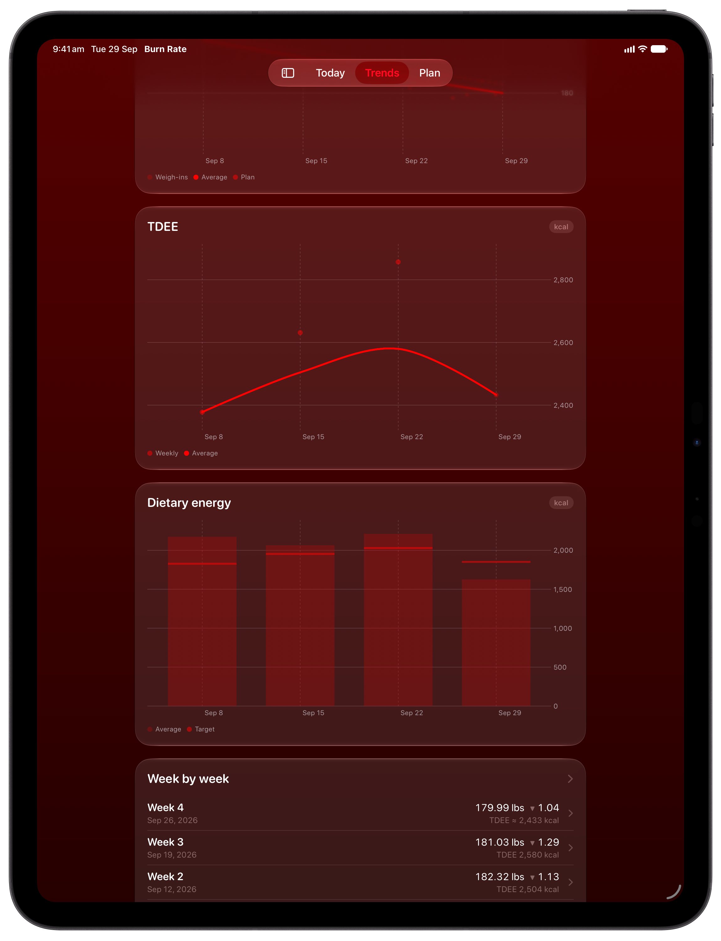 Burn Rate on iPad Pro 13-inch showing Intake Target in the Red tint, dark appearance.