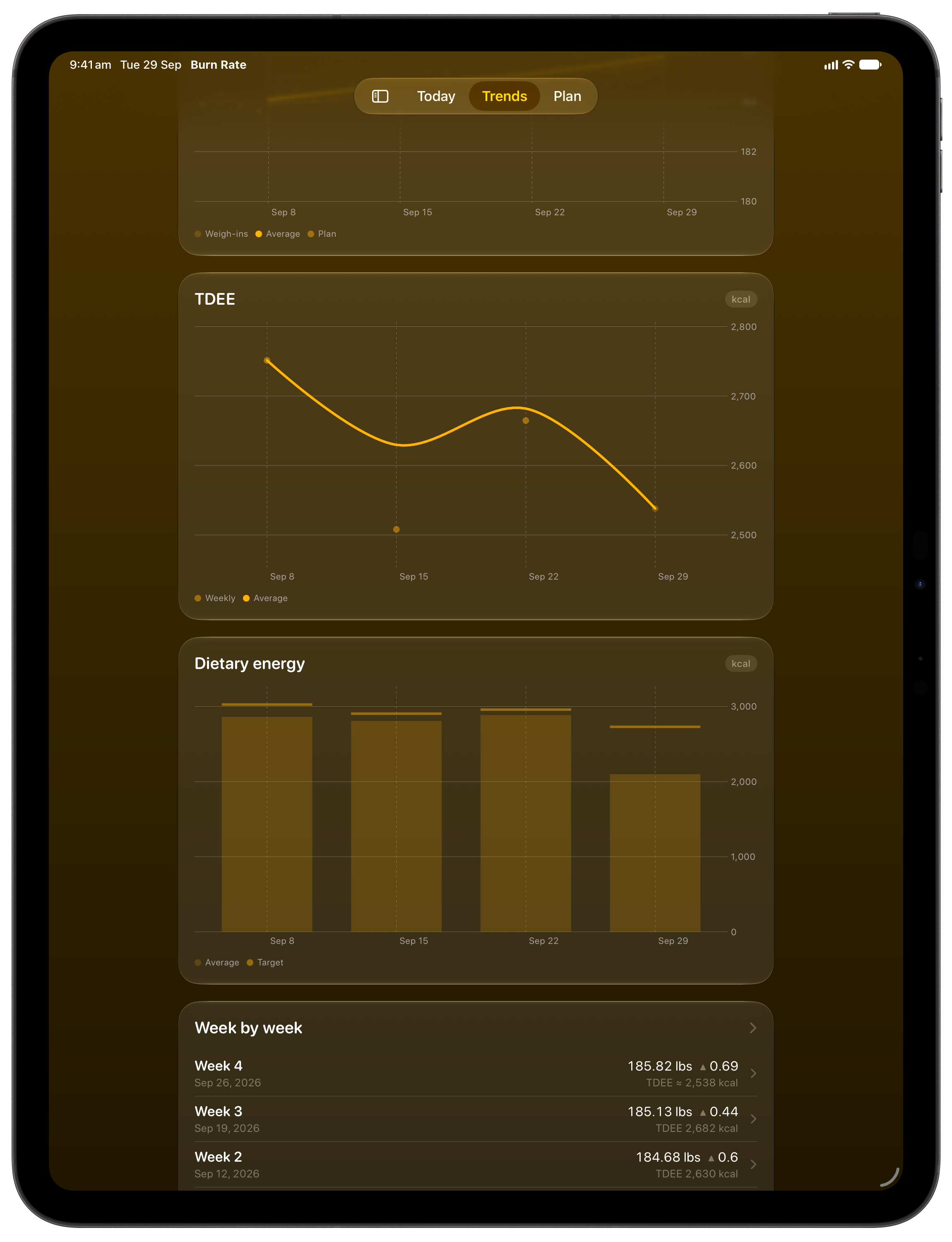 Burn Rate on iPad Pro 13-inch showing Intake Target in the Yellow tint, dark appearance.