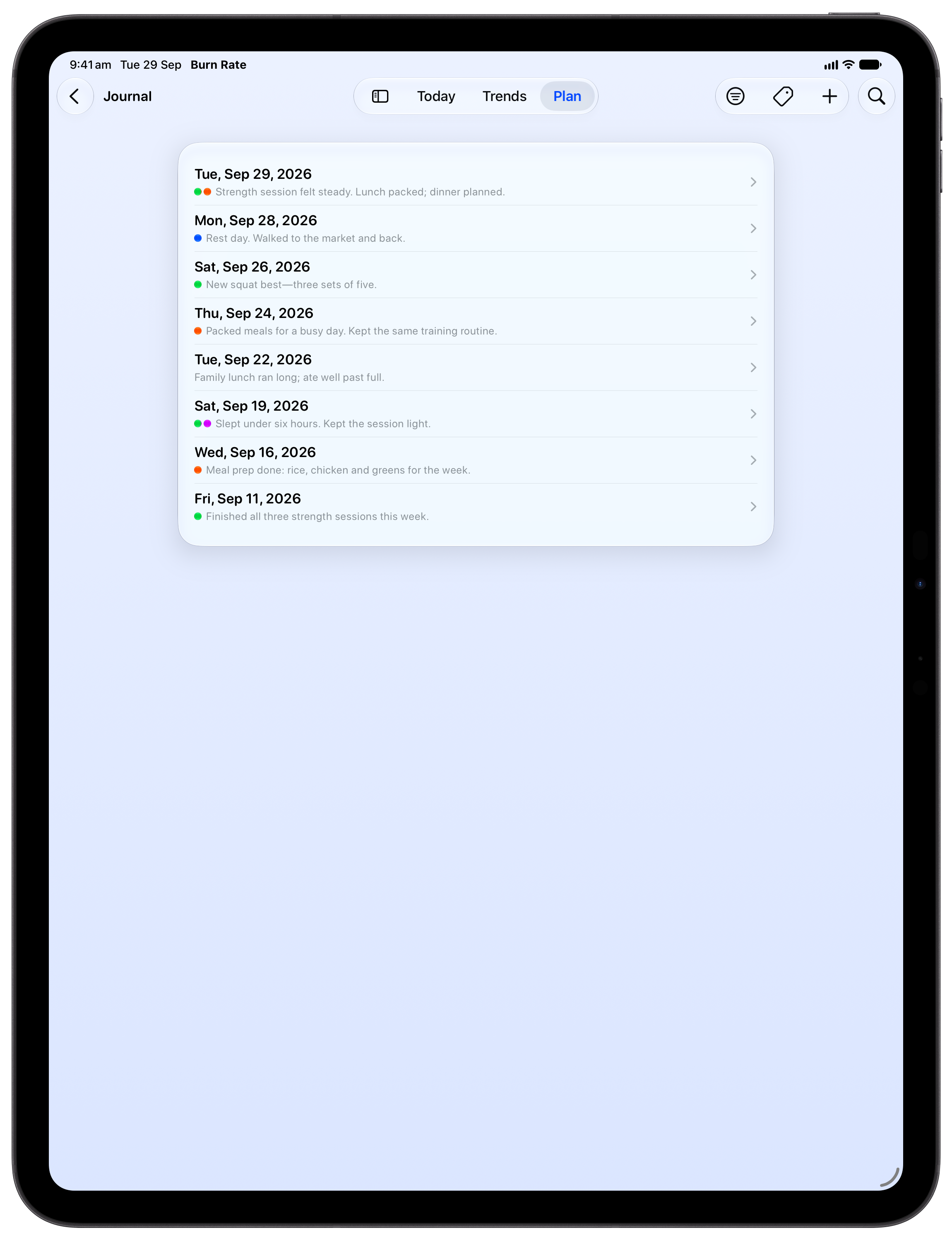 Burn Rate on iPad Pro 13-inch showing Journal in the Blue tint, light appearance.