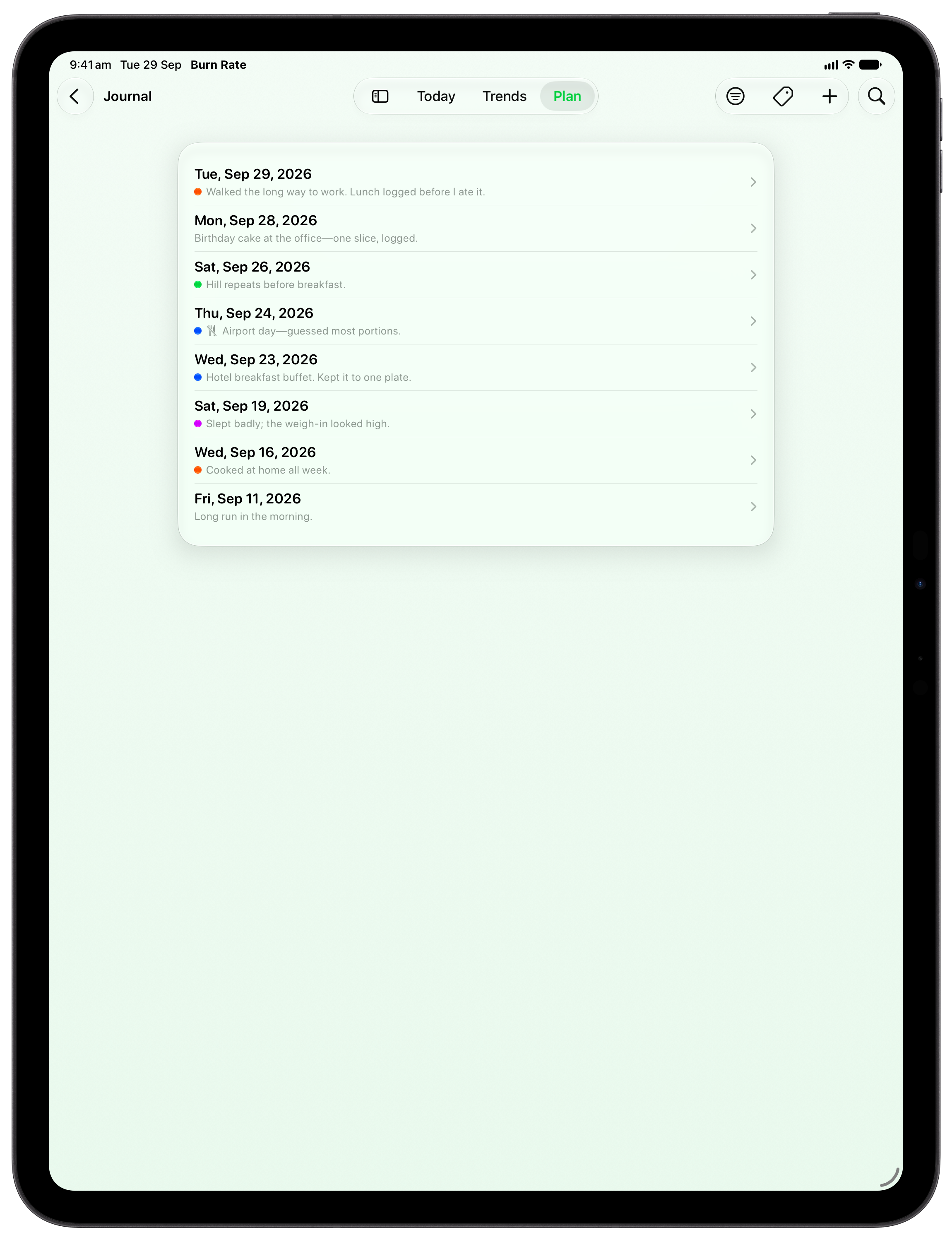 Burn Rate on iPad Pro 13-inch showing Journal in the Green tint, light appearance.