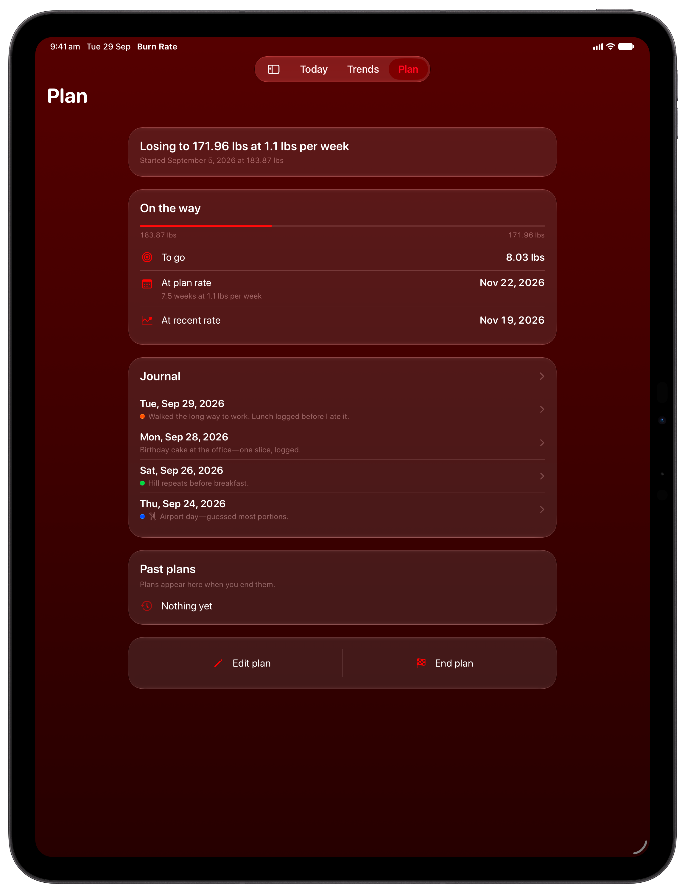 Burn Rate on iPad Pro 13-inch showing Plan in the Red tint, dark appearance.