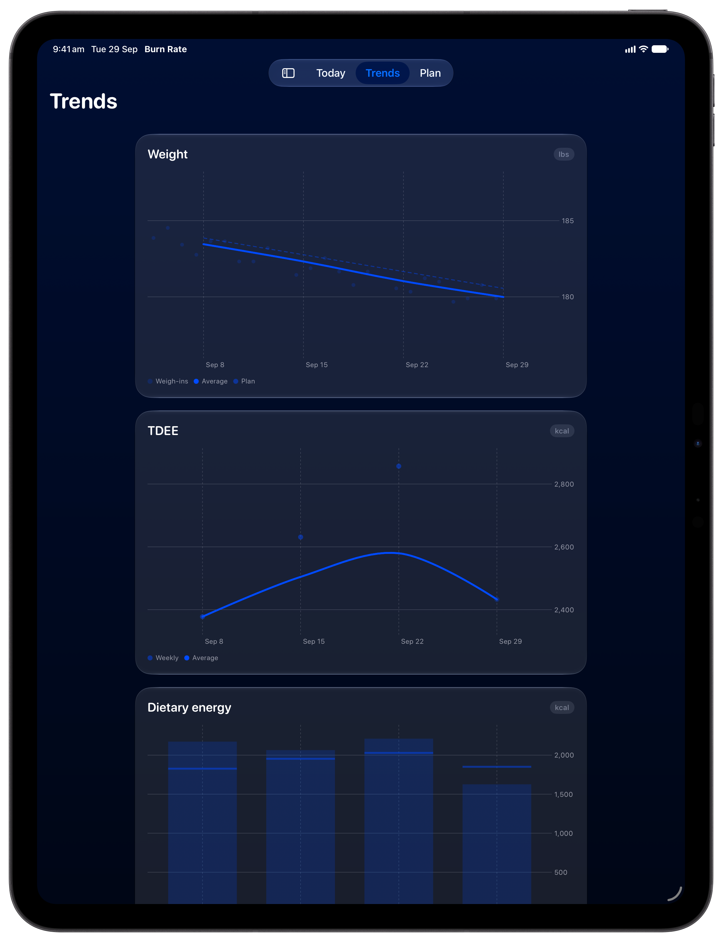 Burn Rate on iPad Pro 13-inch showing Trends in the Blue tint, dark appearance.