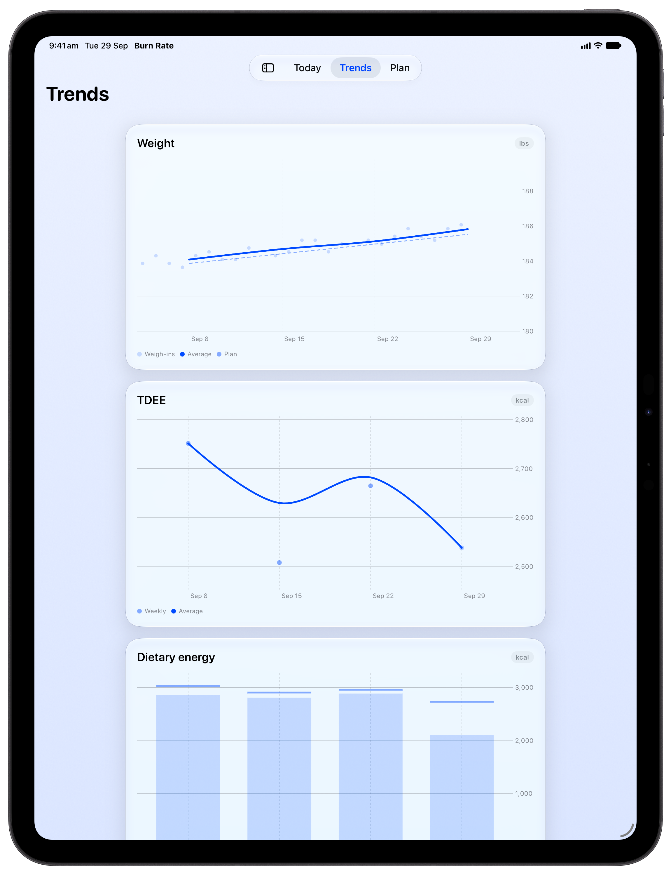 Burn Rate on iPad Pro 13-inch showing Trends in the Blue tint, light appearance.