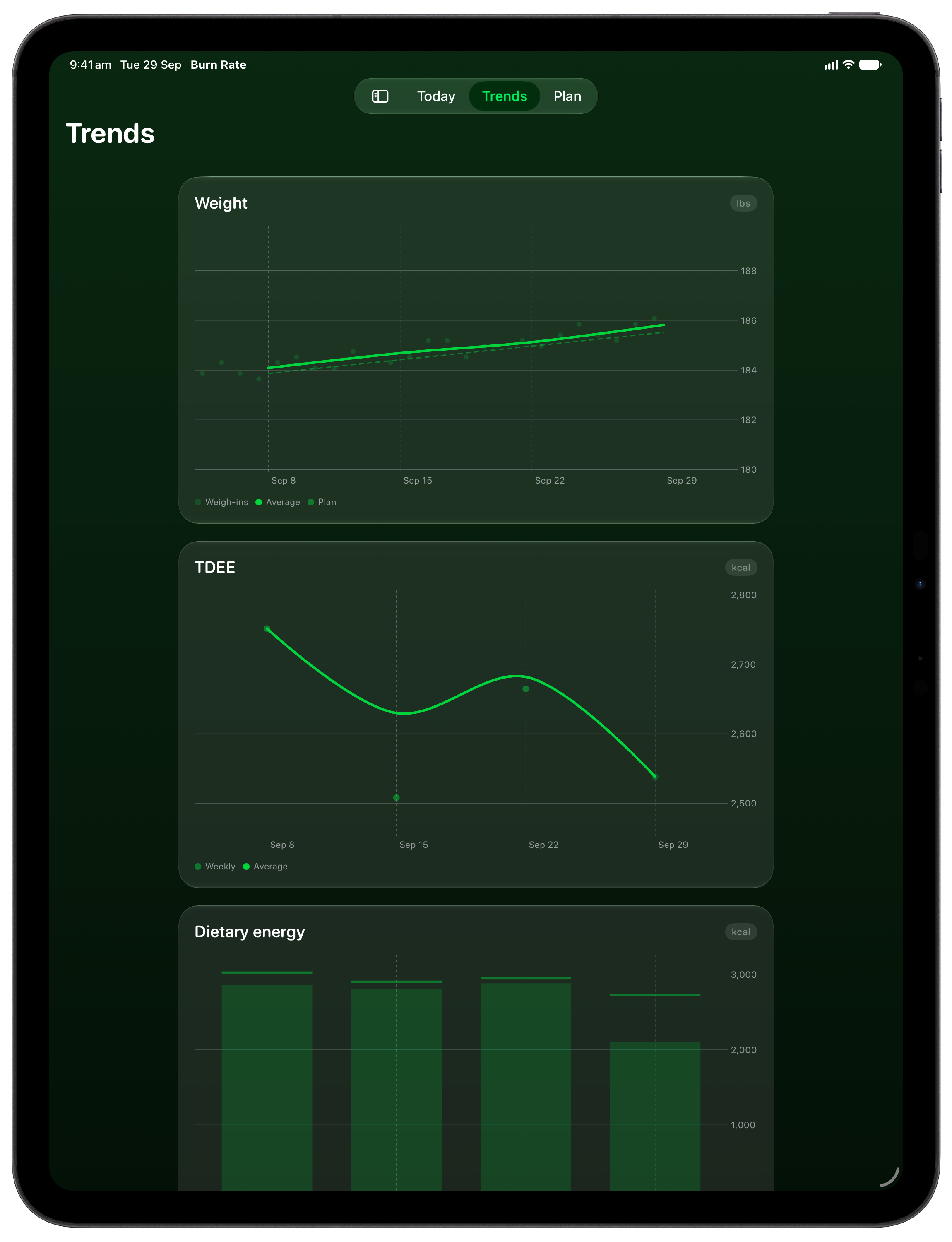 Burn Rate on iPad Pro 13-inch showing Trends in the Green tint, dark appearance.