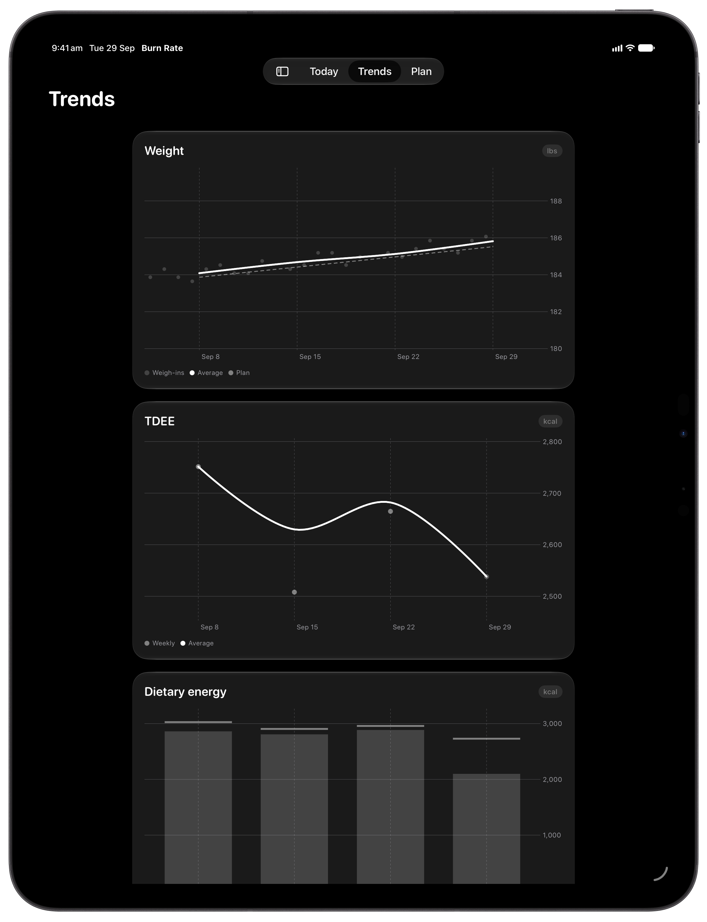 Burn Rate on iPad Pro 13-inch showing Trends in the Grey tint, dark appearance.