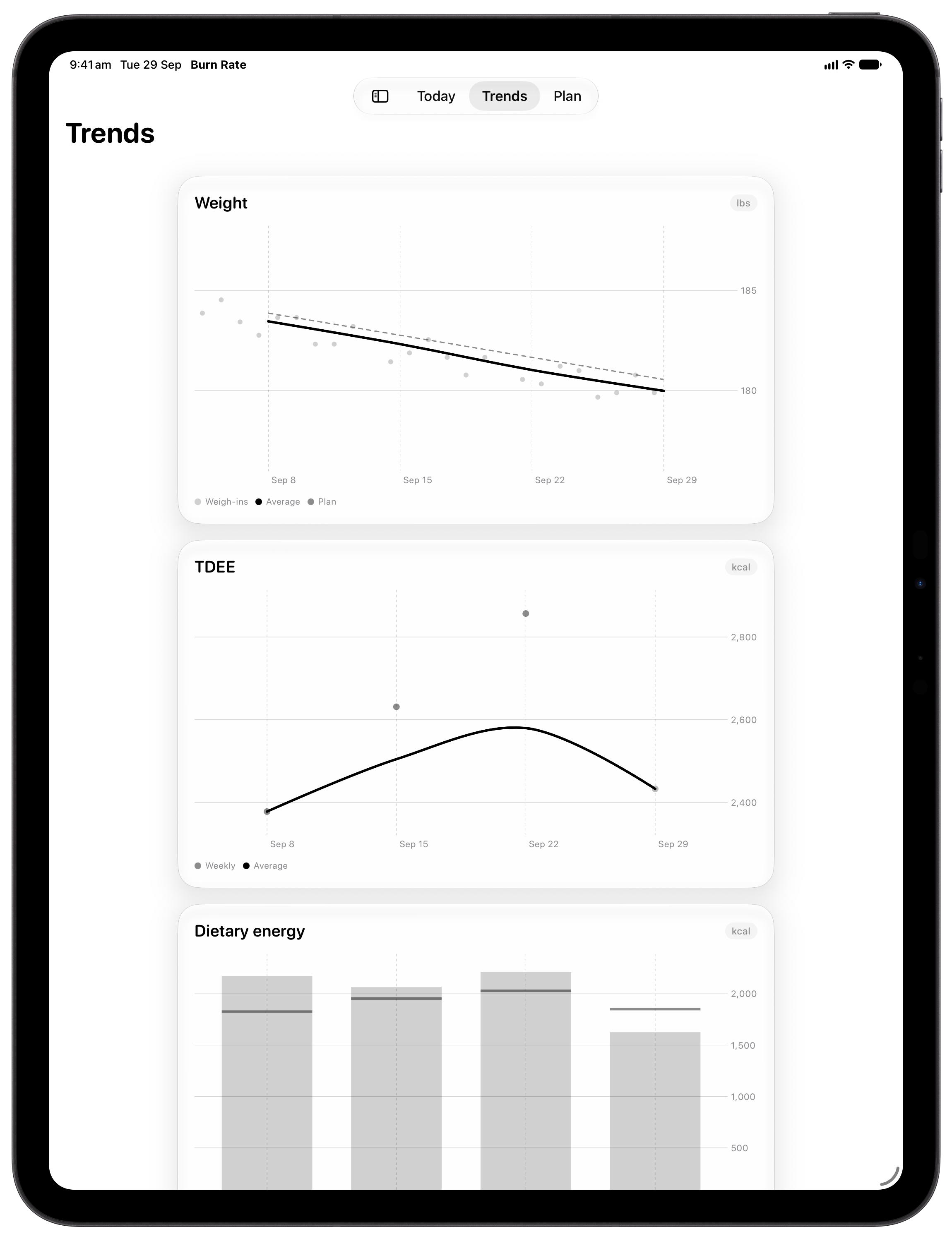 Burn Rate on iPad Pro 13-inch showing Trends in the Grey tint, light appearance.