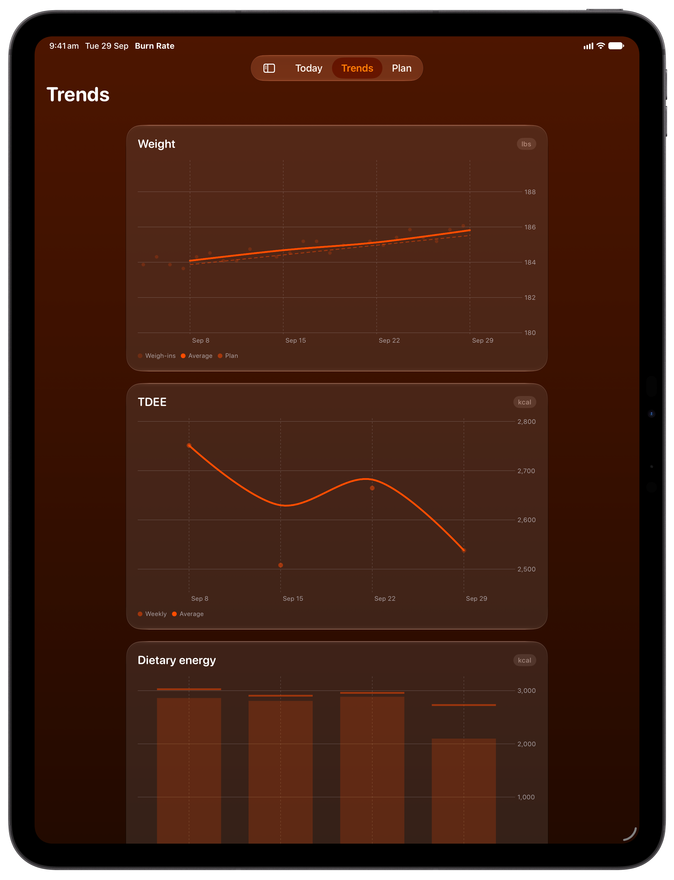 Burn Rate on iPad Pro 13-inch showing Trends in the Orange tint, dark appearance.