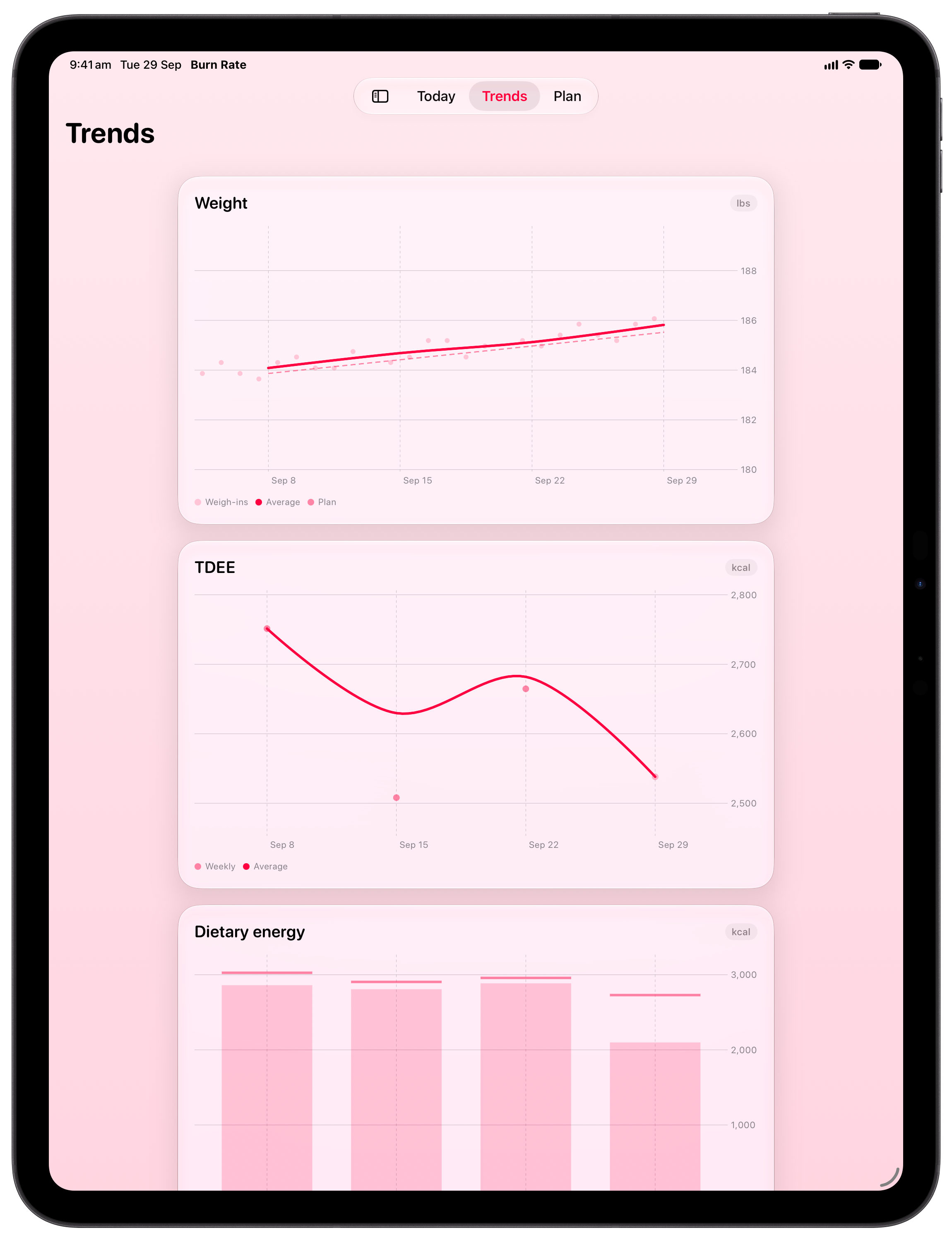 Burn Rate on iPad Pro 13-inch showing Trends in the Pink tint, light appearance.