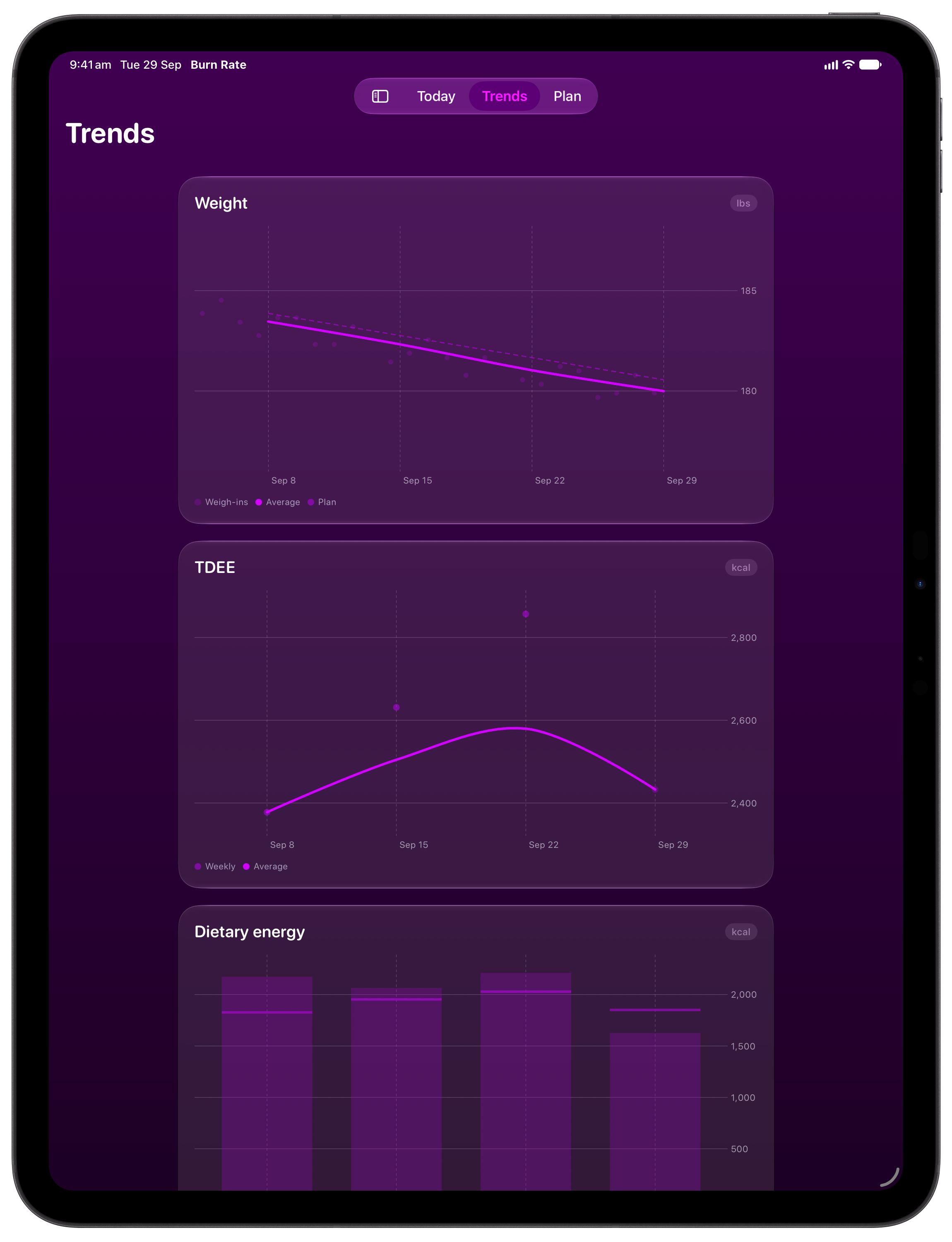 Burn Rate on iPad Pro 13-inch showing Trends in the Purple tint, dark appearance.