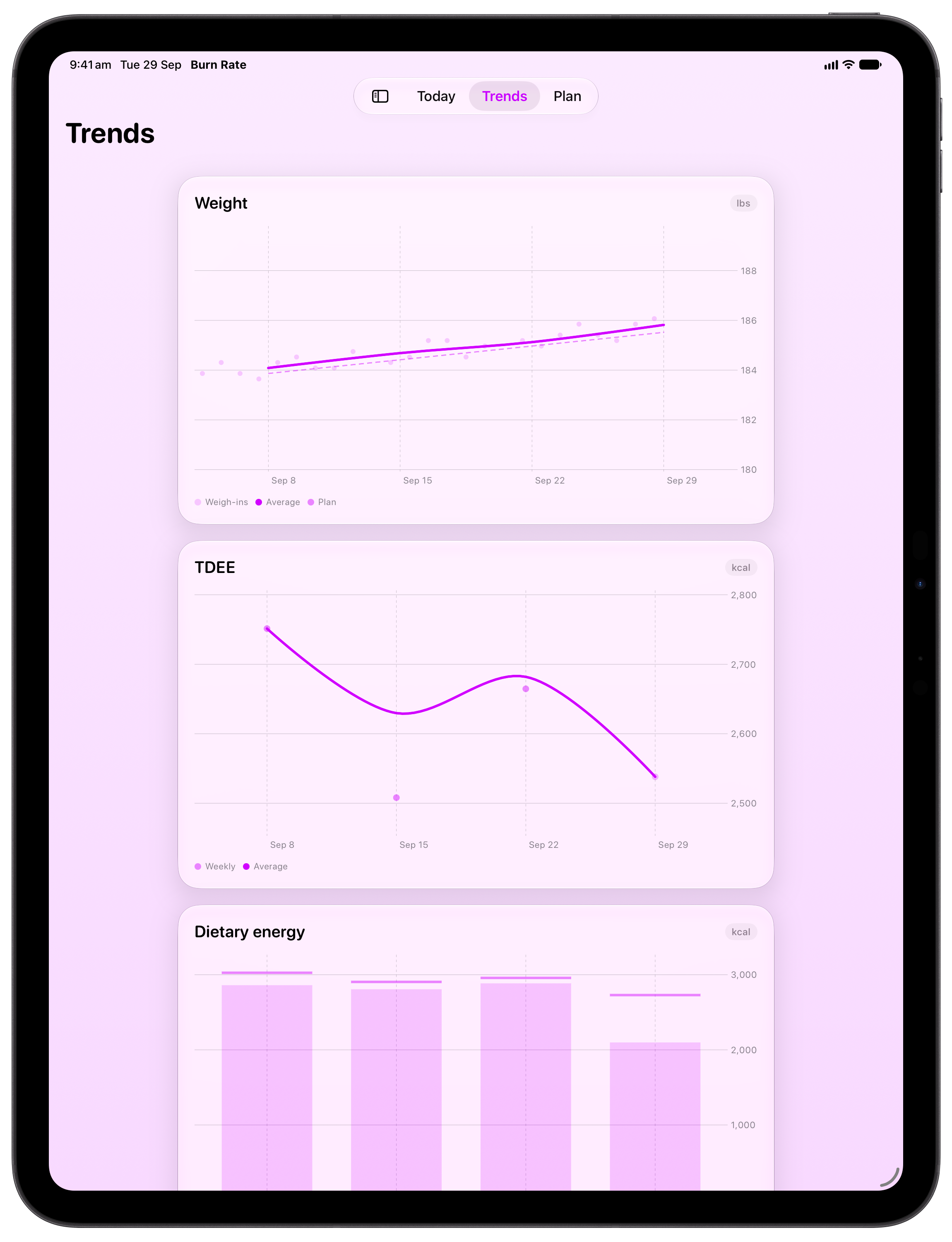 Burn Rate on iPad Pro 13-inch showing Trends in the Purple tint, light appearance.