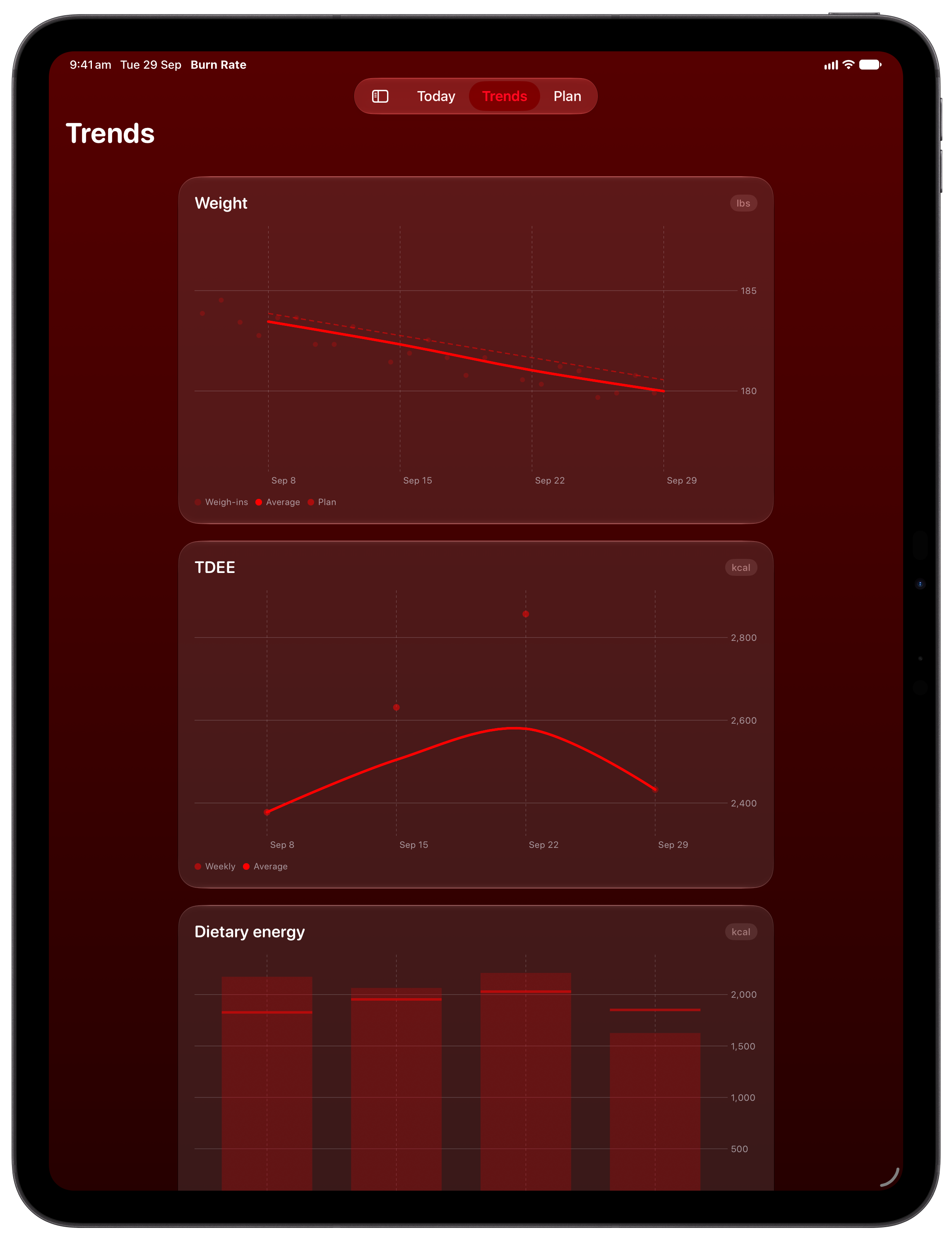 Burn Rate on iPad Pro 13-inch showing Trends in the Red tint, dark appearance.