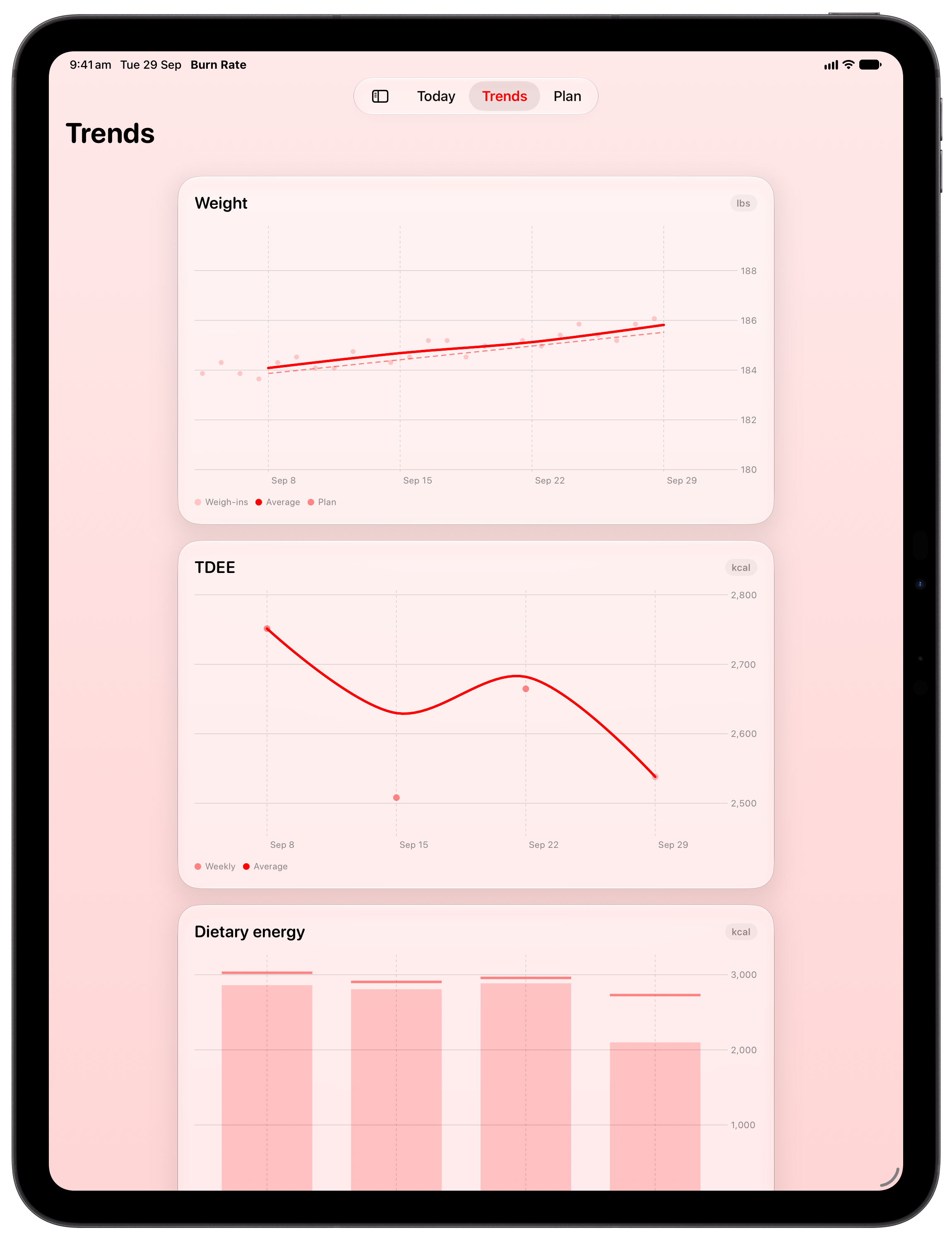 Burn Rate on iPad Pro 13-inch showing Trends in the Red tint, light appearance.