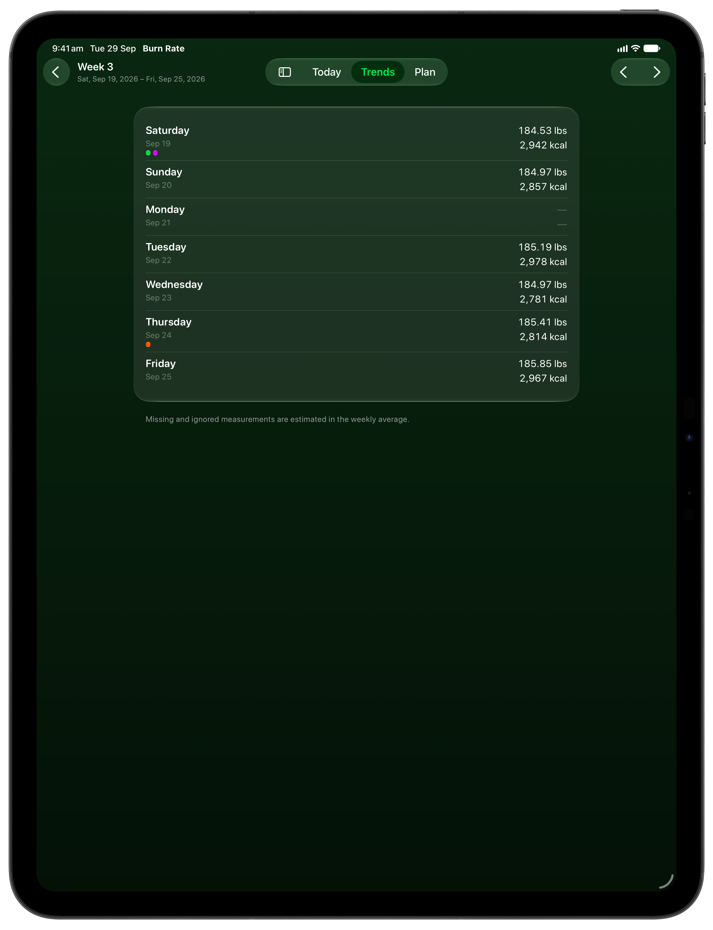 Burn Rate on iPad Pro 13-inch showing Weekly Detail in the Green tint, dark appearance.