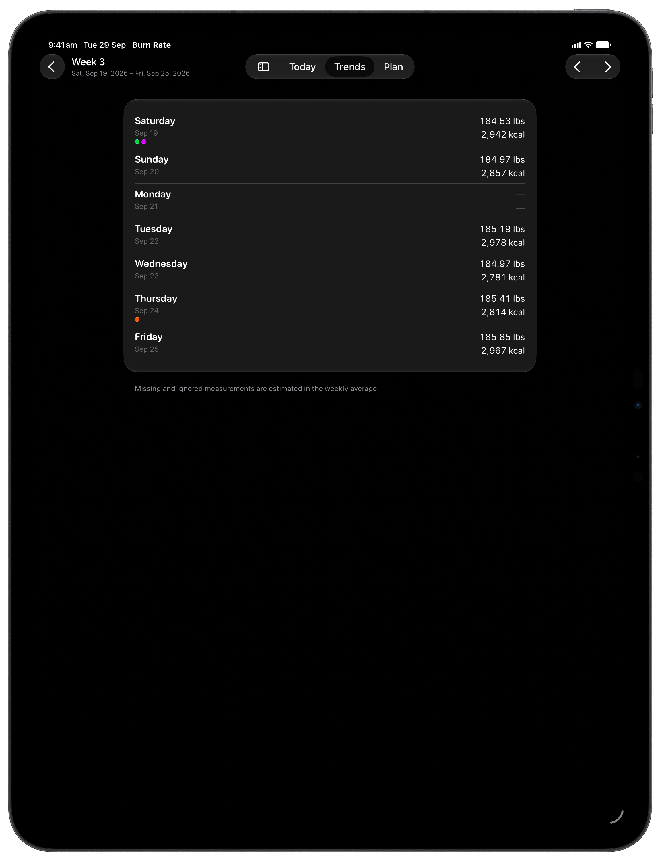 Burn Rate on iPad Pro 13-inch showing Weekly Detail in the Grey tint, dark appearance.