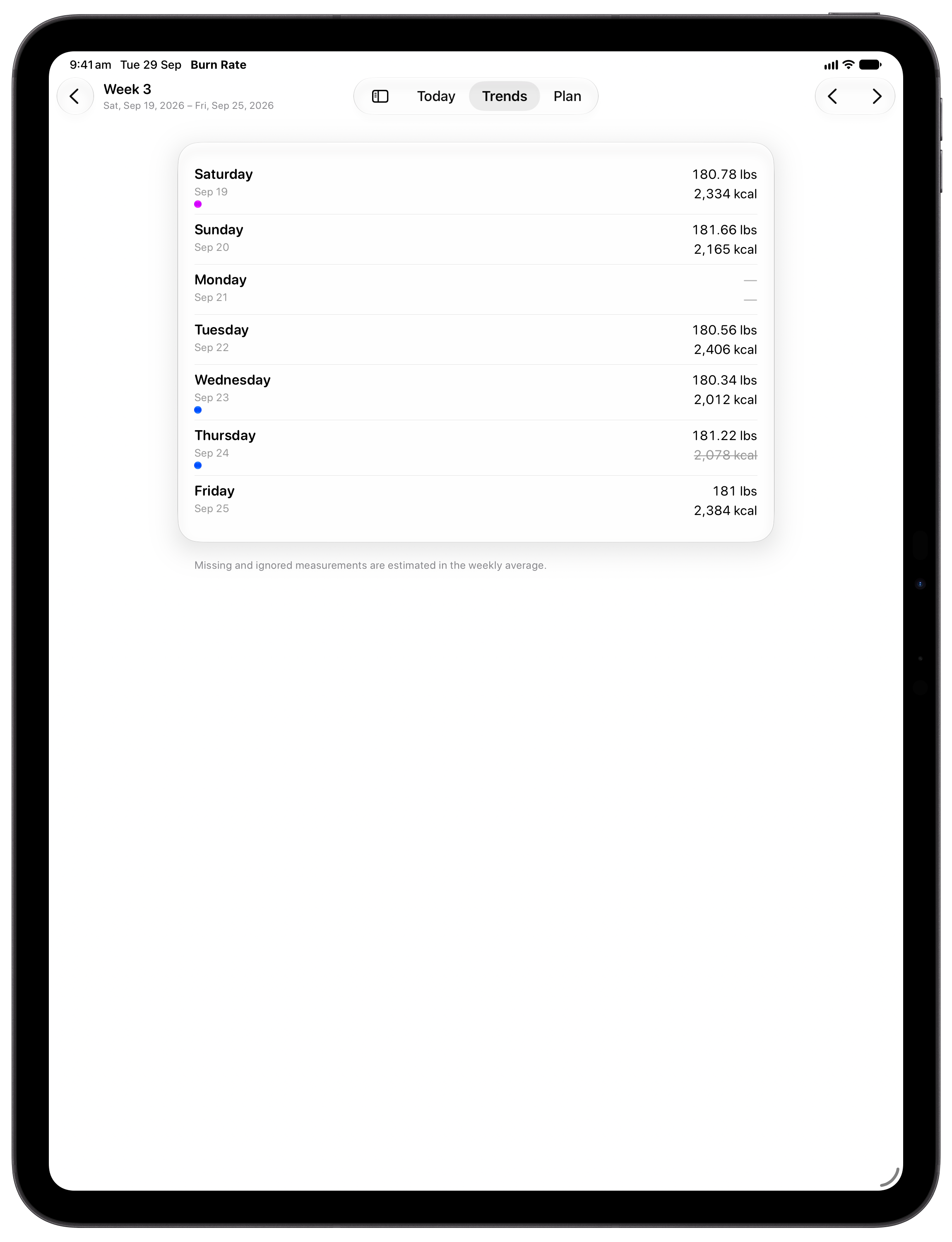 Burn Rate on iPad Pro 13-inch showing Weekly Detail in the Grey tint, light appearance.