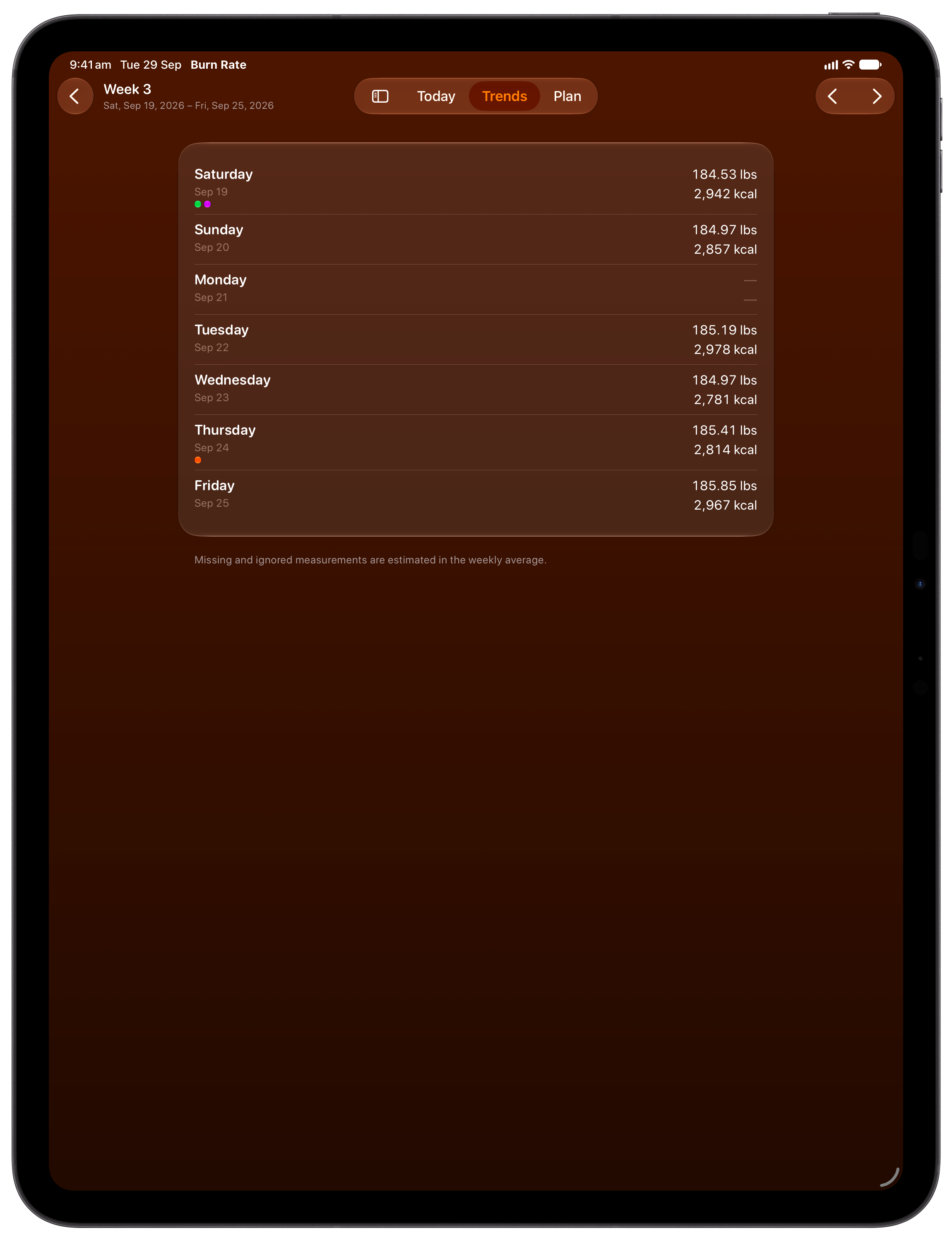 Burn Rate on iPad Pro 13-inch showing Weekly Detail in the Orange tint, dark appearance.