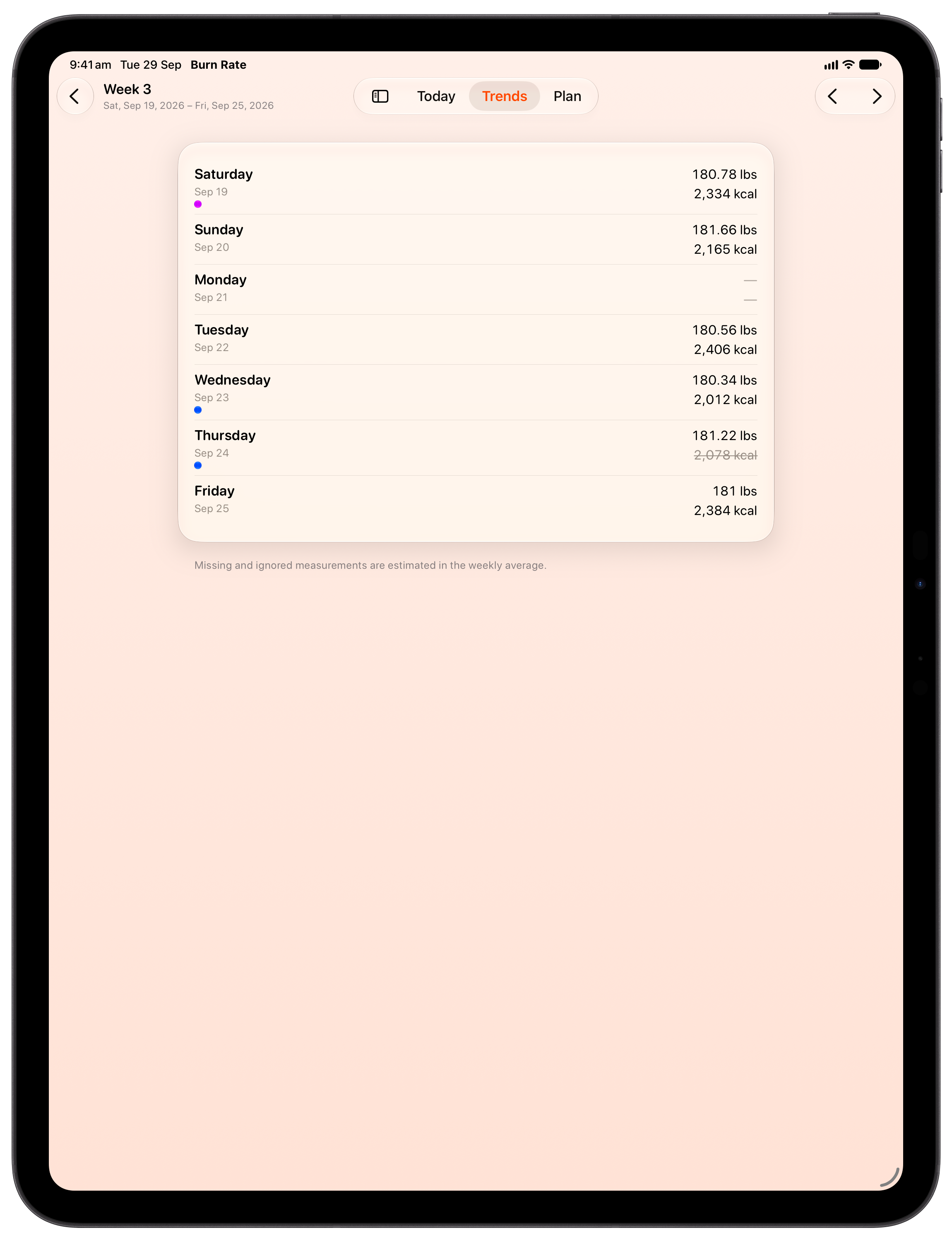 Burn Rate on iPad Pro 13-inch showing Weekly Detail in the Orange tint, light appearance.