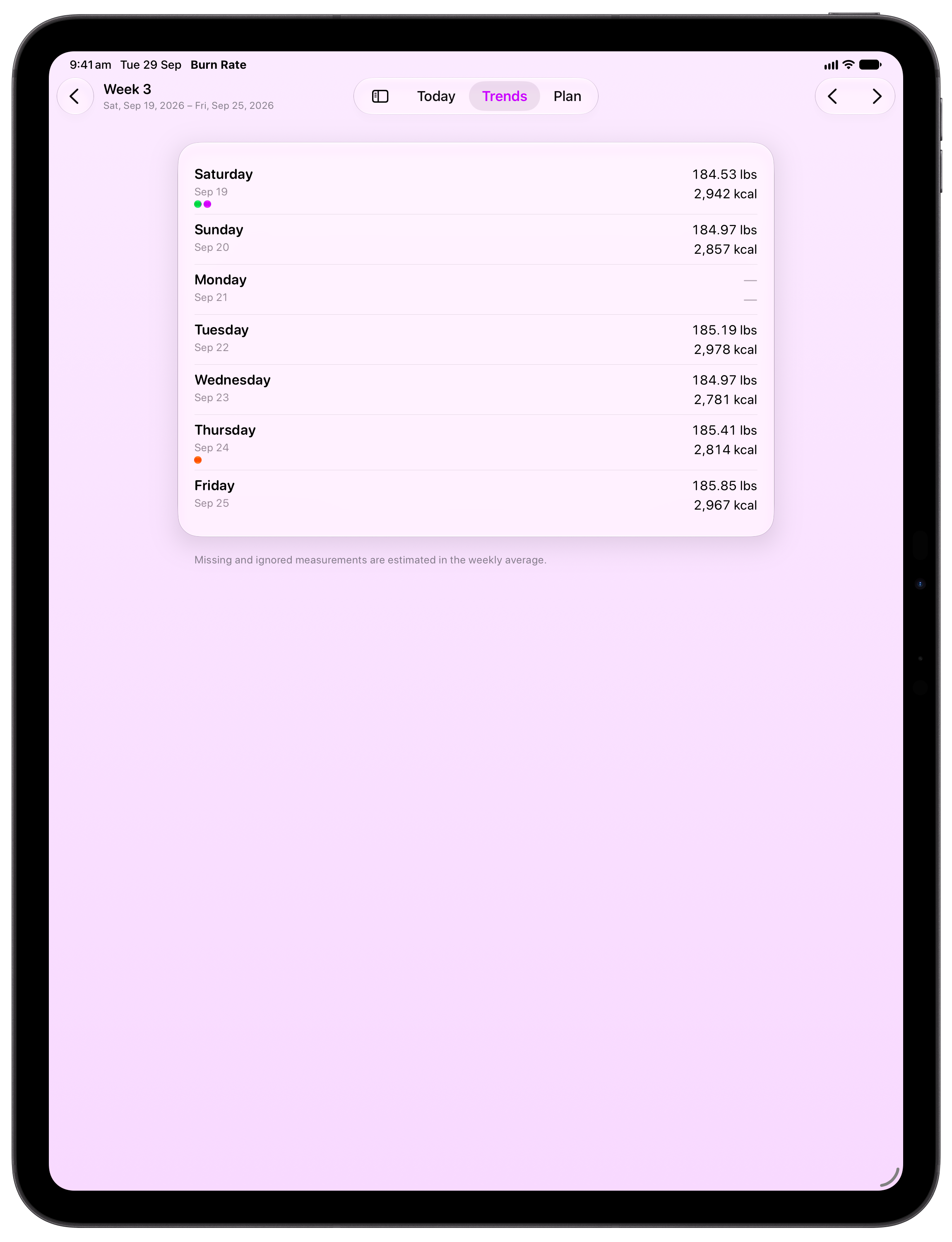 Burn Rate on iPad Pro 13-inch showing Weekly Detail in the Purple tint, light appearance.