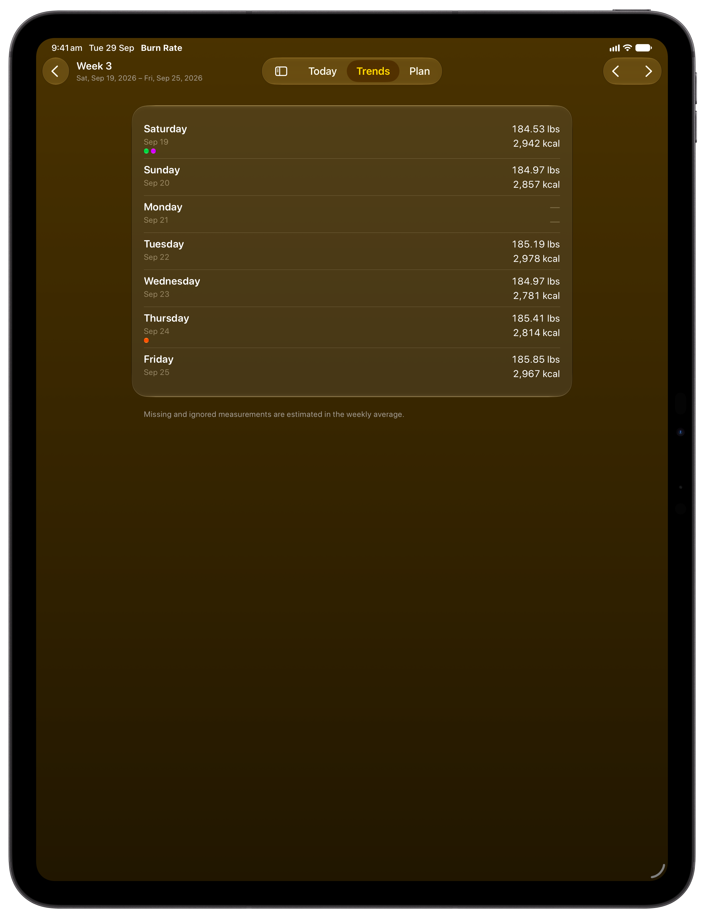 Burn Rate on iPad Pro 13-inch showing Weekly Detail in the Yellow tint, dark appearance.
