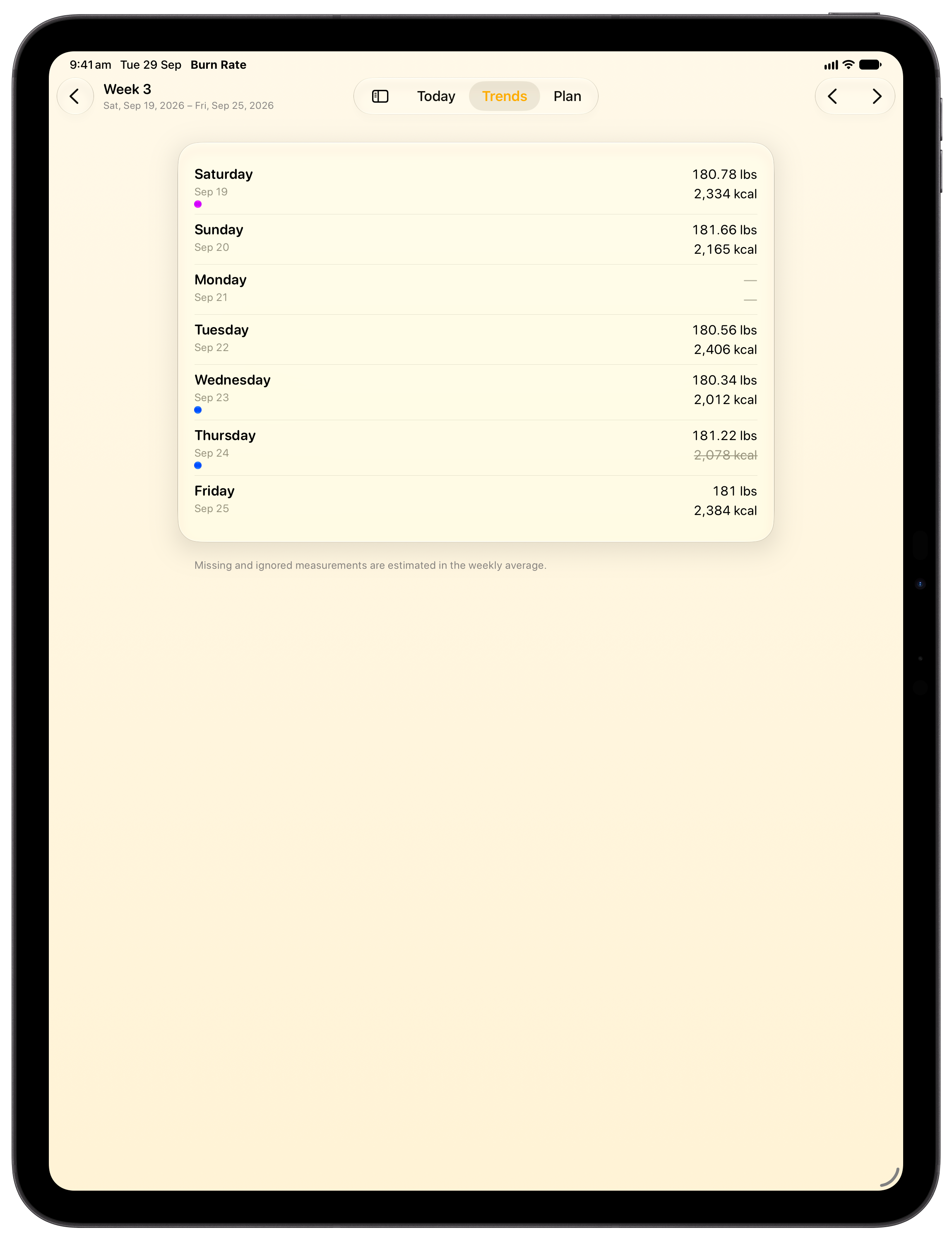 Burn Rate on iPad Pro 13-inch showing Weekly Detail in the Yellow tint, light appearance.