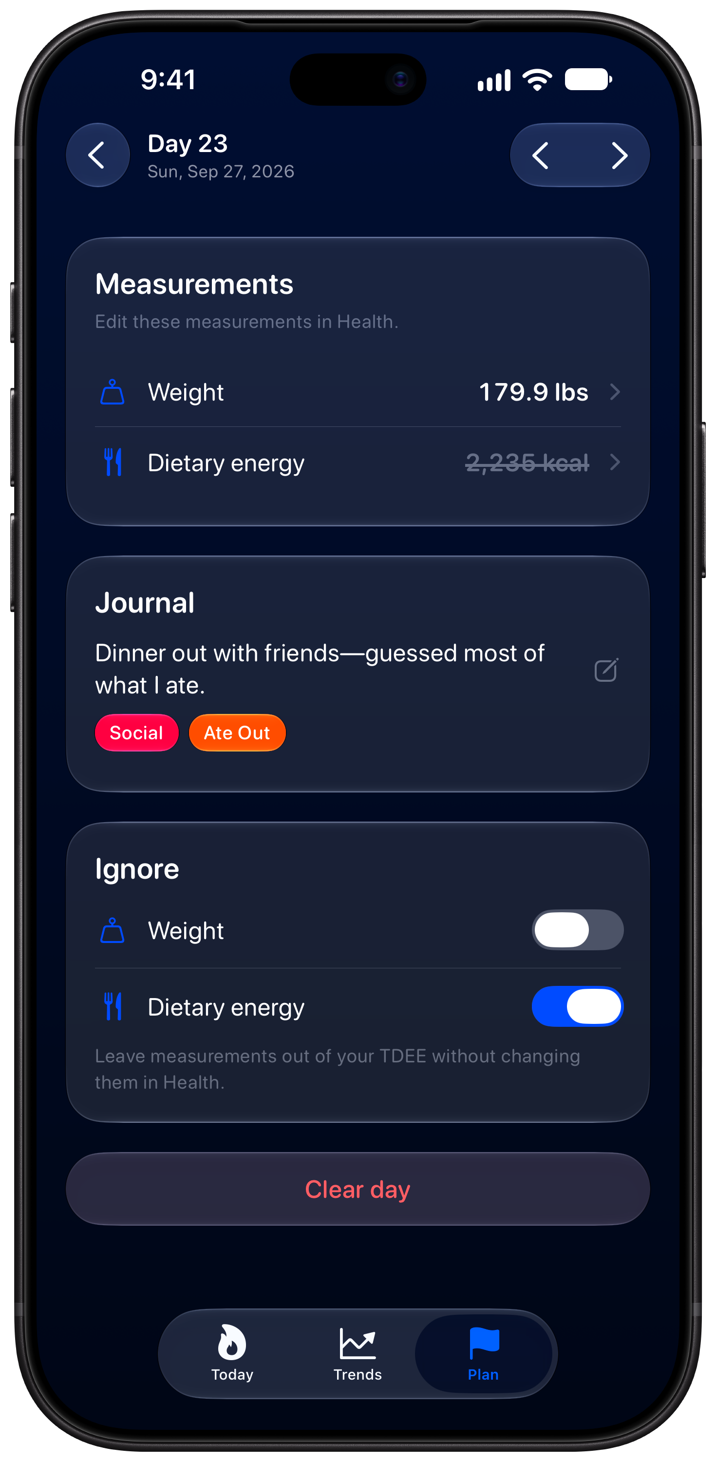 Burn Rate on iPhone 18 Pro Max showing Day Detail in the Blue tint, dark appearance.
