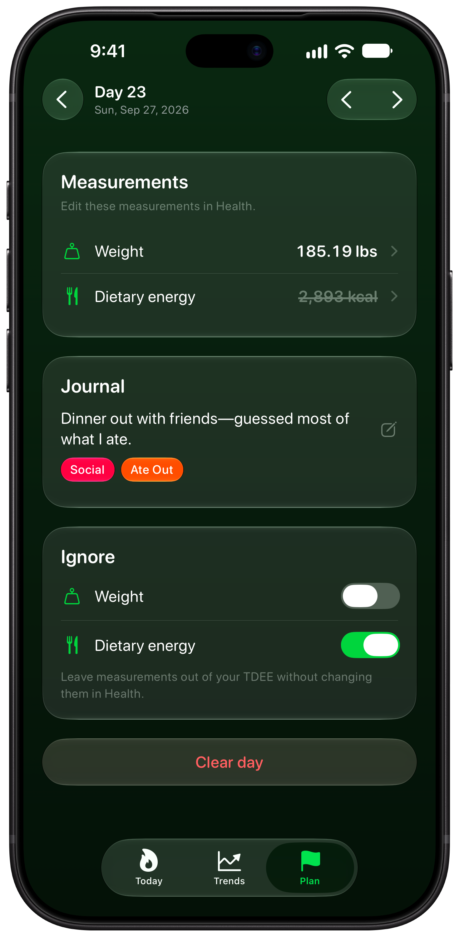 Burn Rate on iPhone 18 Pro Max showing Day Detail in the Green tint, dark appearance.