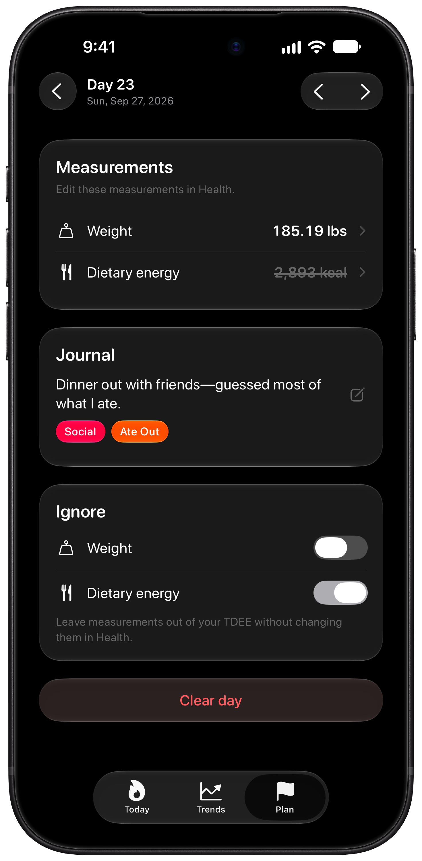 Burn Rate on iPhone 18 Pro Max showing Day Detail in the Grey tint, dark appearance.