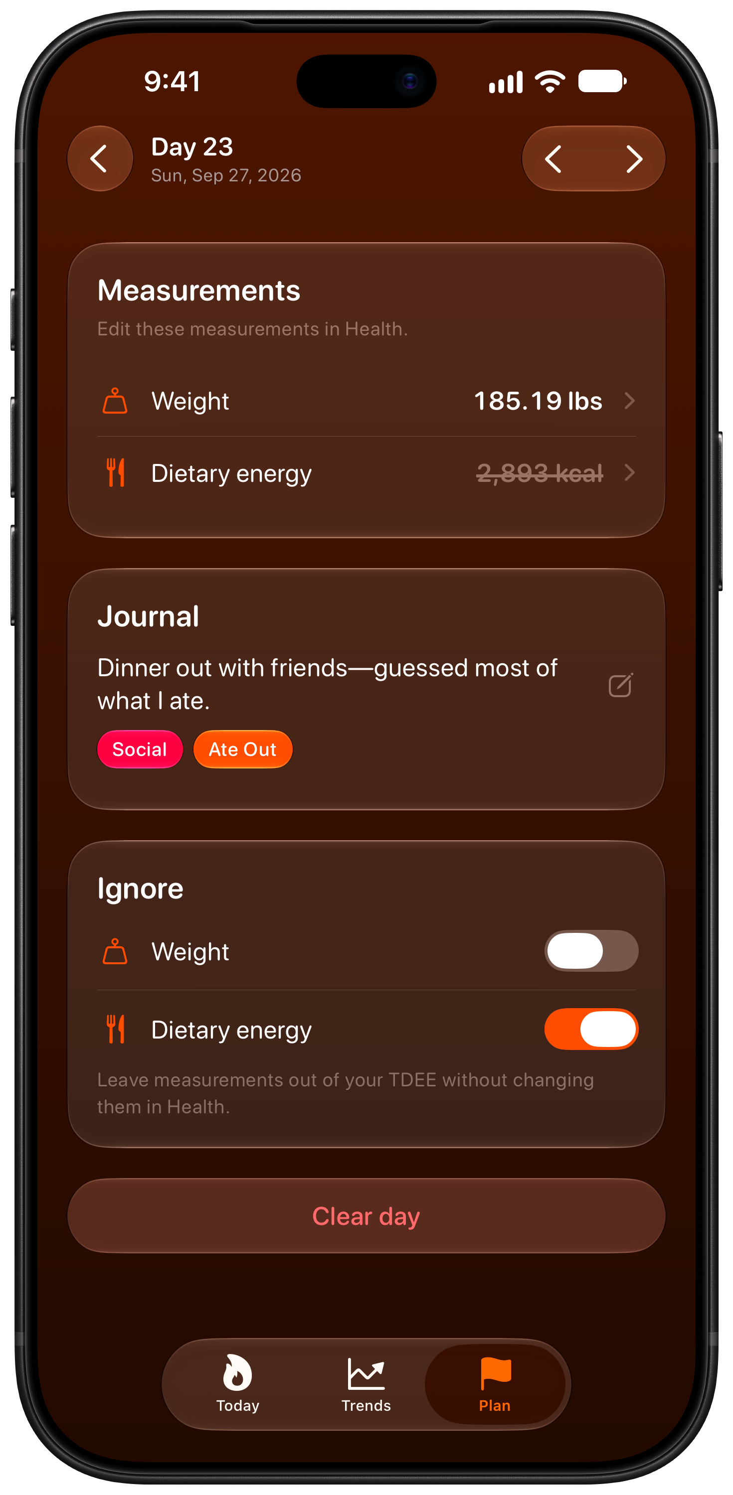 Burn Rate on iPhone 18 Pro Max showing Day Detail in the Orange tint, dark appearance.