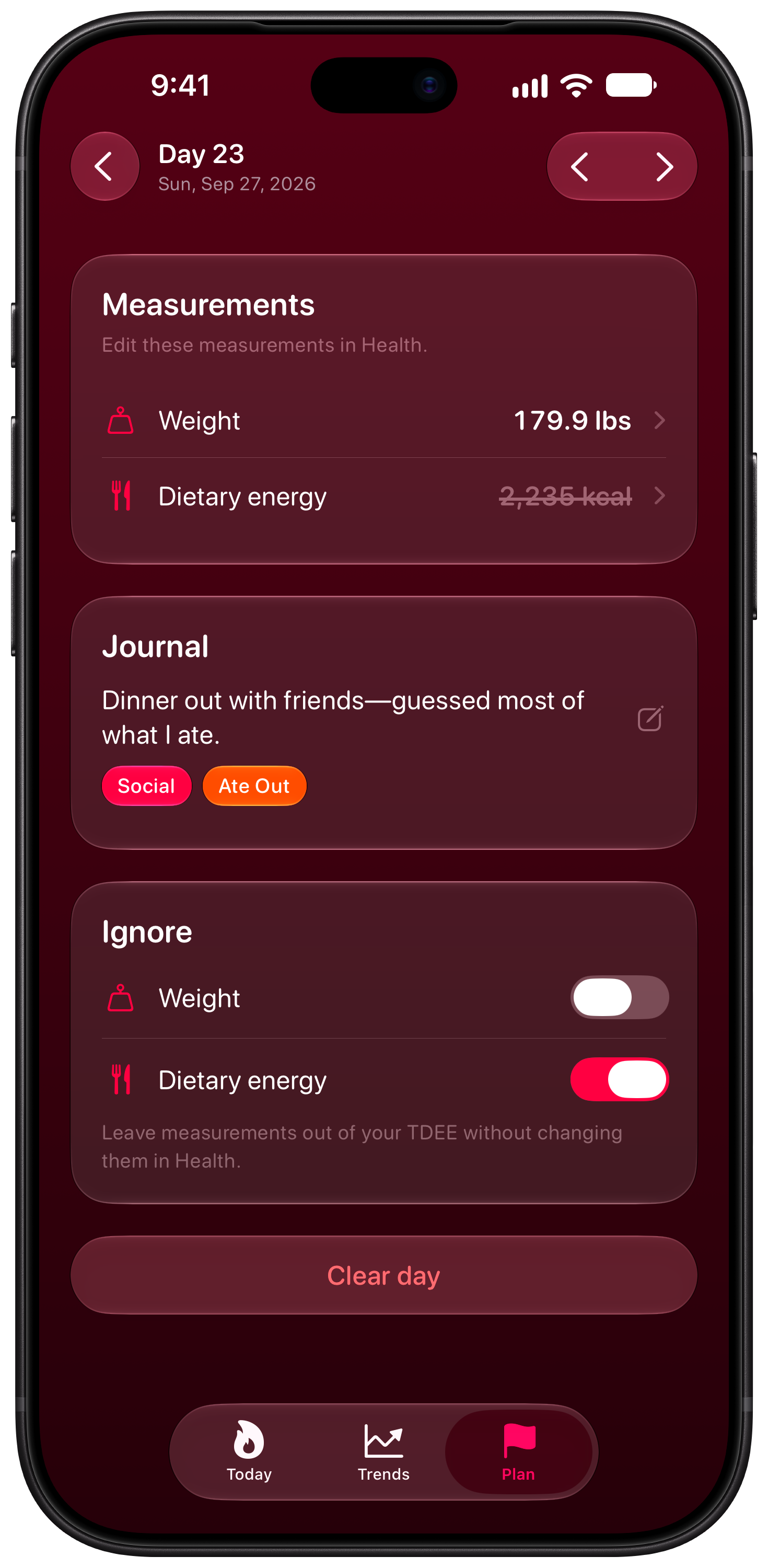 Burn Rate on iPhone 18 Pro Max showing Day Detail in the Pink tint, dark appearance.