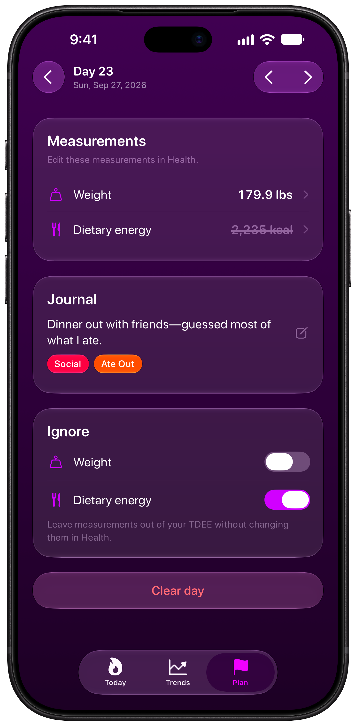 Burn Rate on iPhone 18 Pro Max showing Day Detail in the Purple tint, dark appearance.