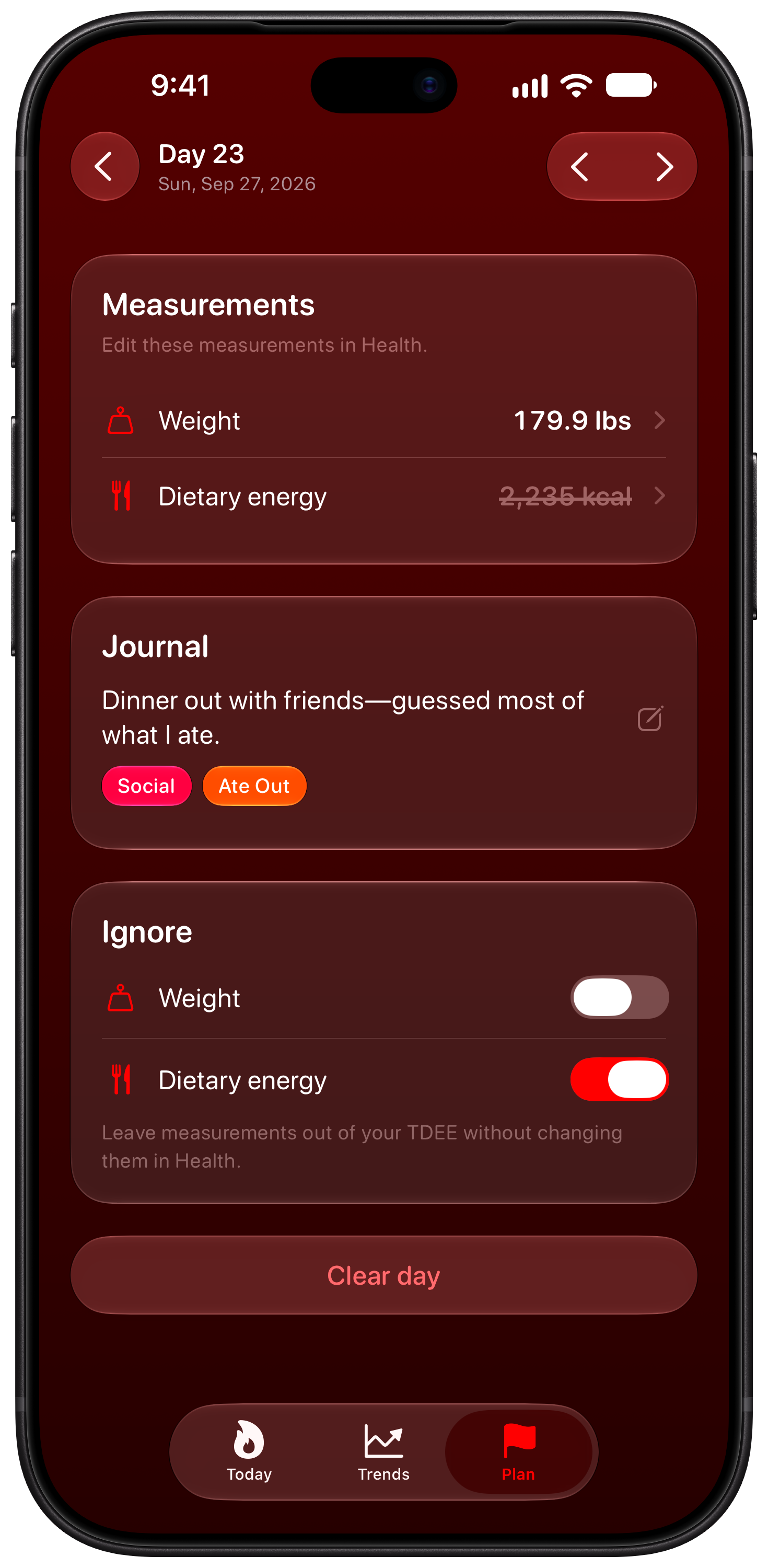 Burn Rate on iPhone 18 Pro Max showing Day Detail in the Red tint, dark appearance.