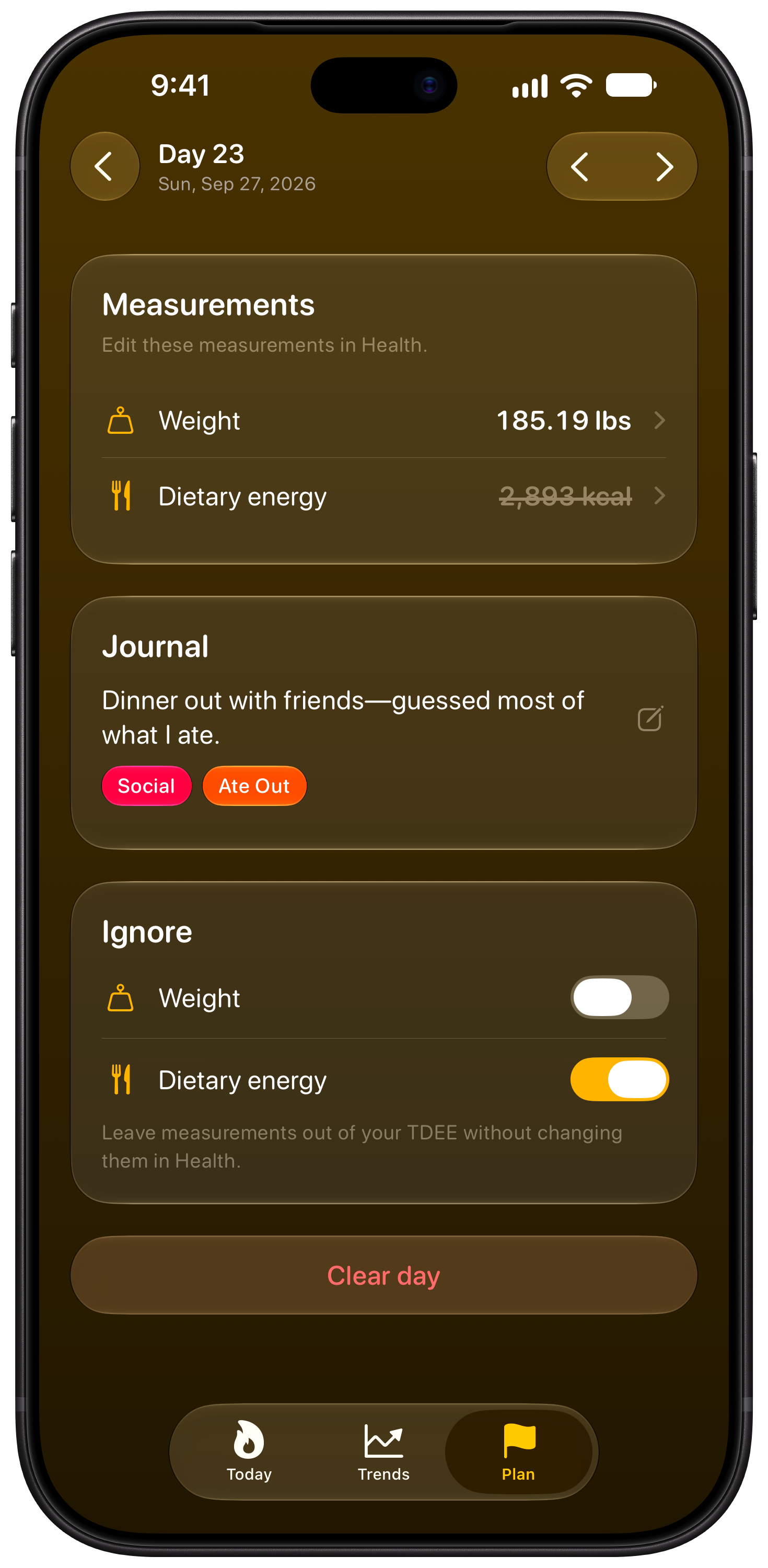 Burn Rate on iPhone 18 Pro Max showing Day Detail in the Yellow tint, dark appearance.