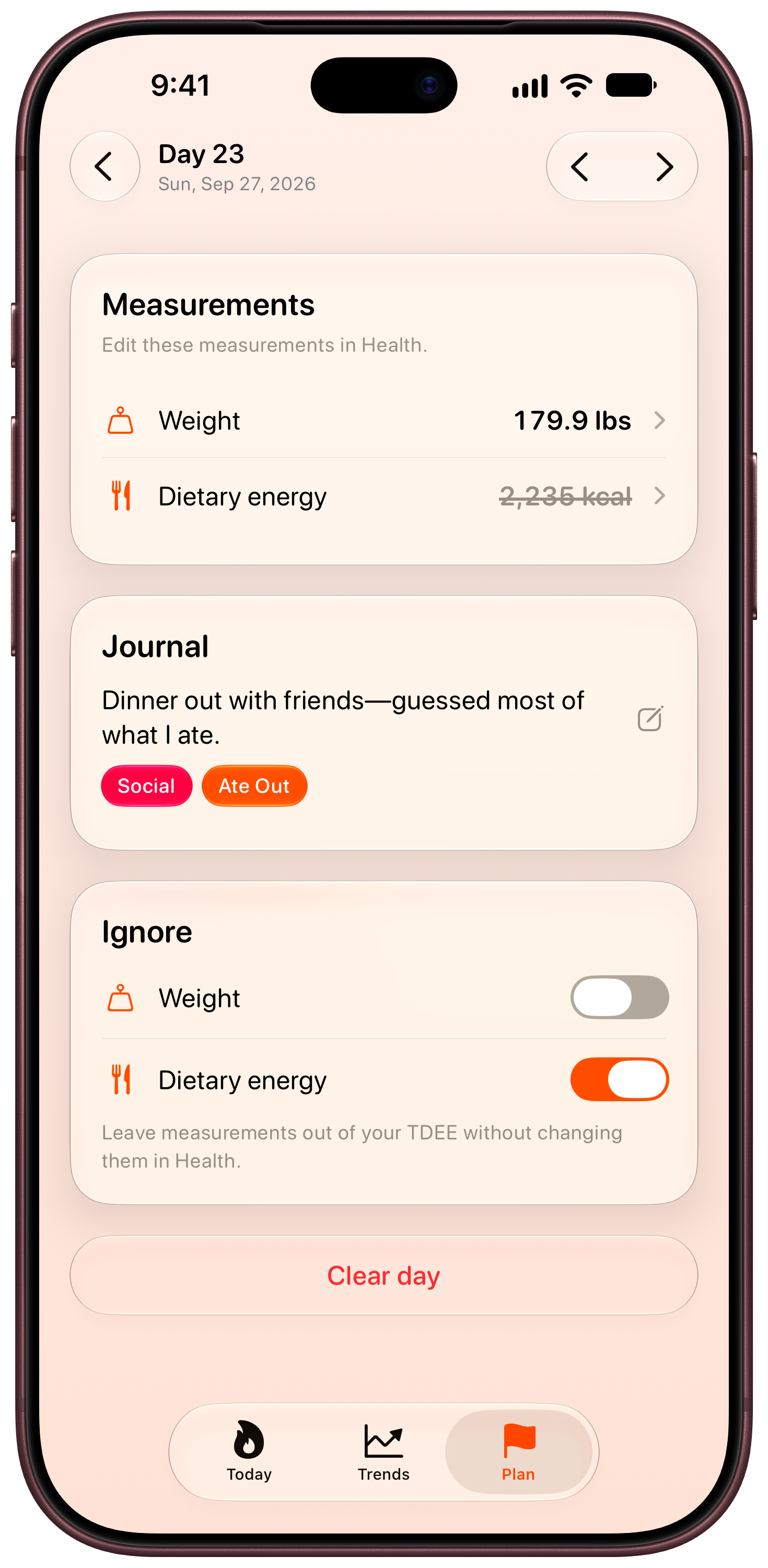 Burn Rate on iPhone 18 Pro Max showing Day Detail in the Orange tint, light appearance.