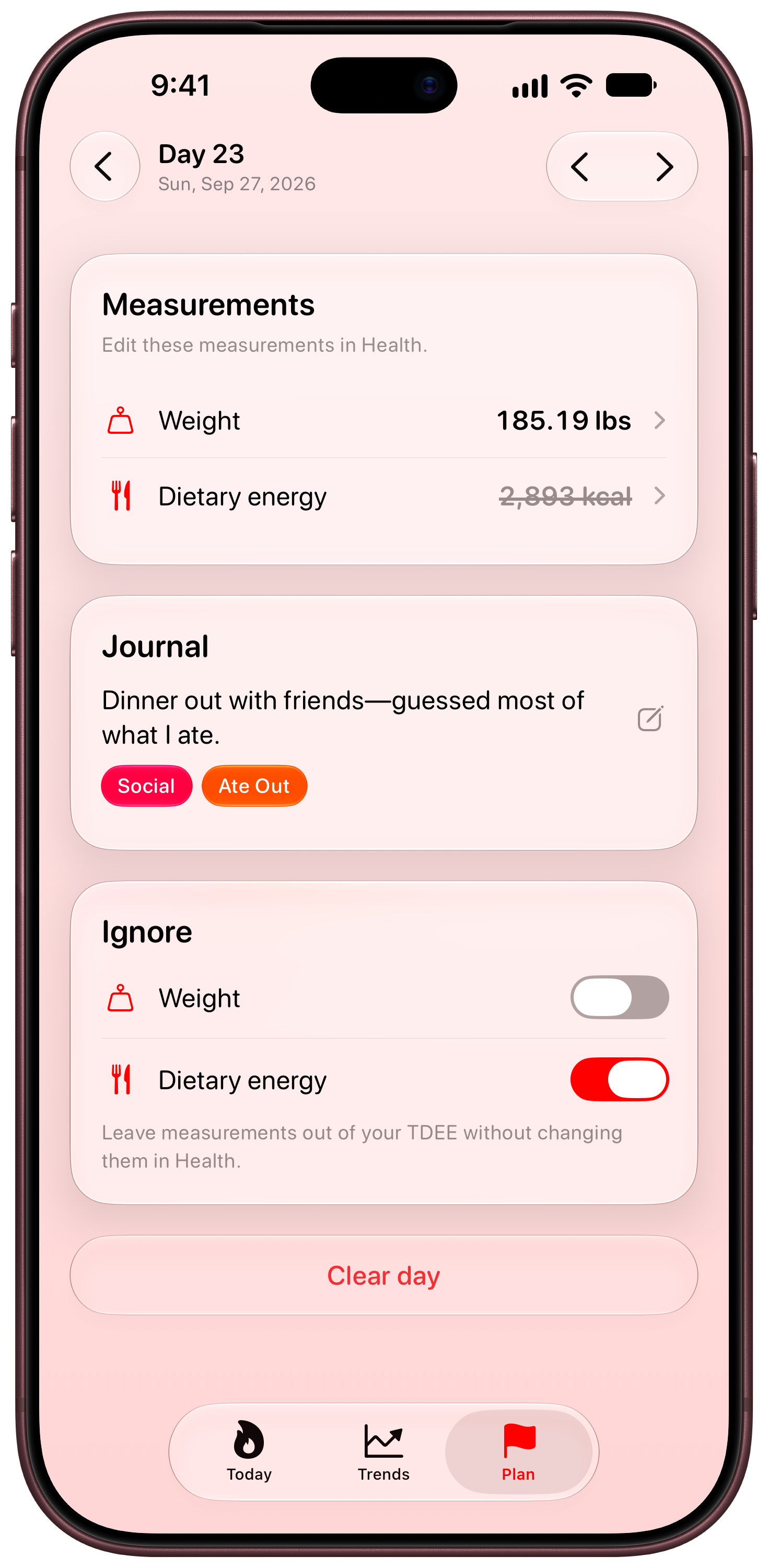 Burn Rate on iPhone 18 Pro Max showing Day Detail in the Red tint, light appearance.