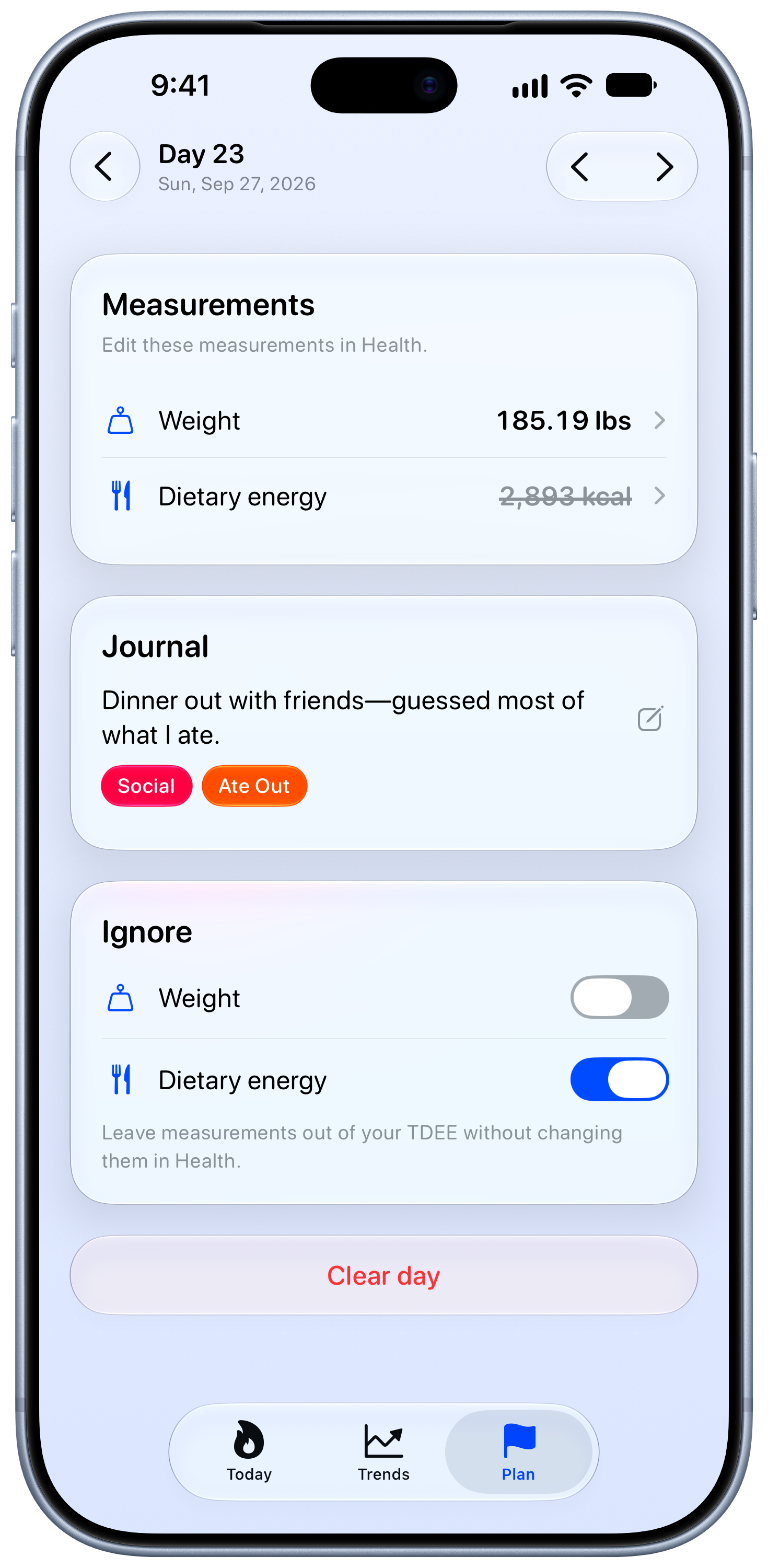 Burn Rate on iPhone 18 Pro Max showing Day Detail in the Blue tint, light appearance.