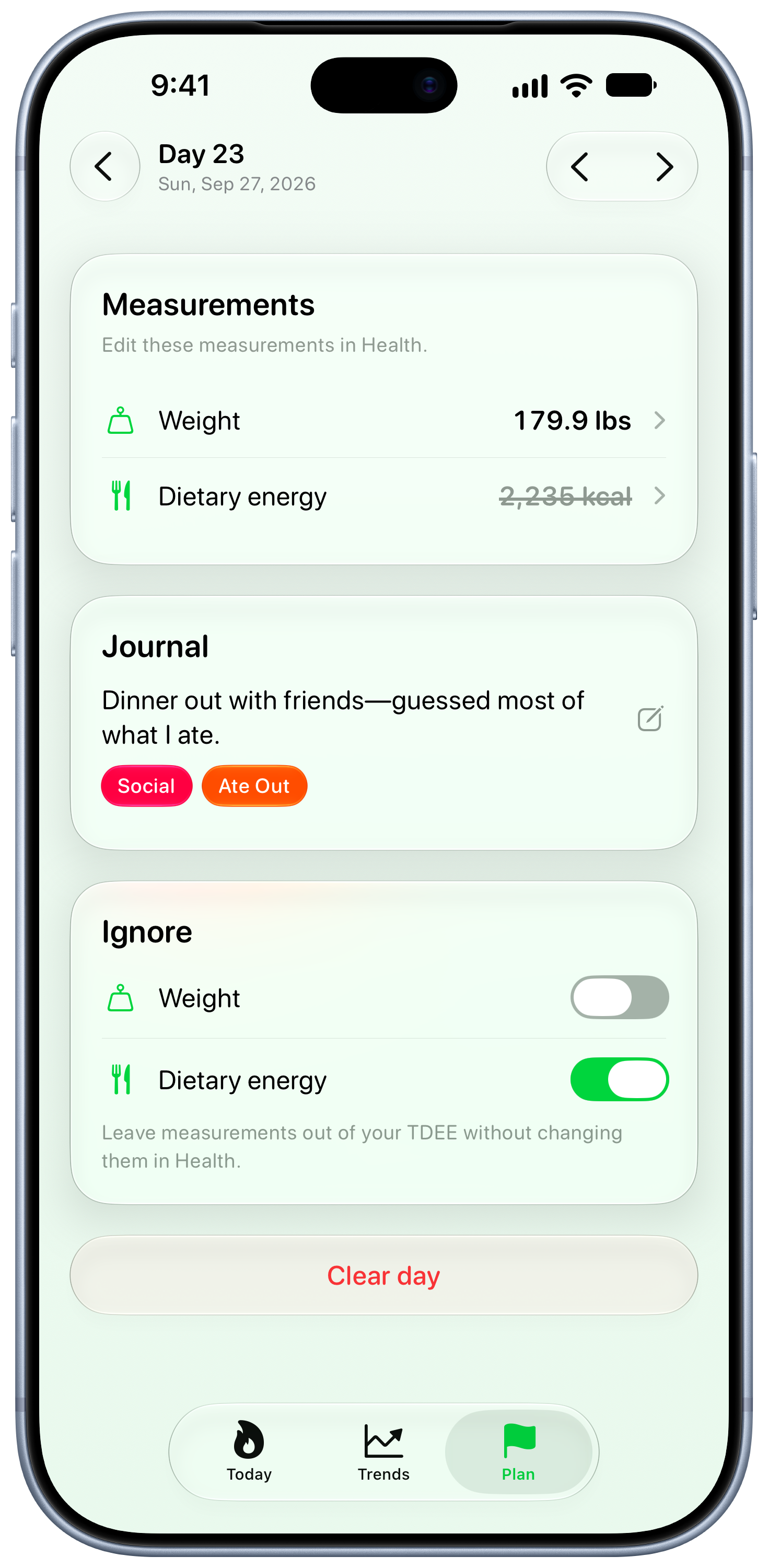 Burn Rate on iPhone 18 Pro Max showing Day Detail in the Green tint, light appearance.