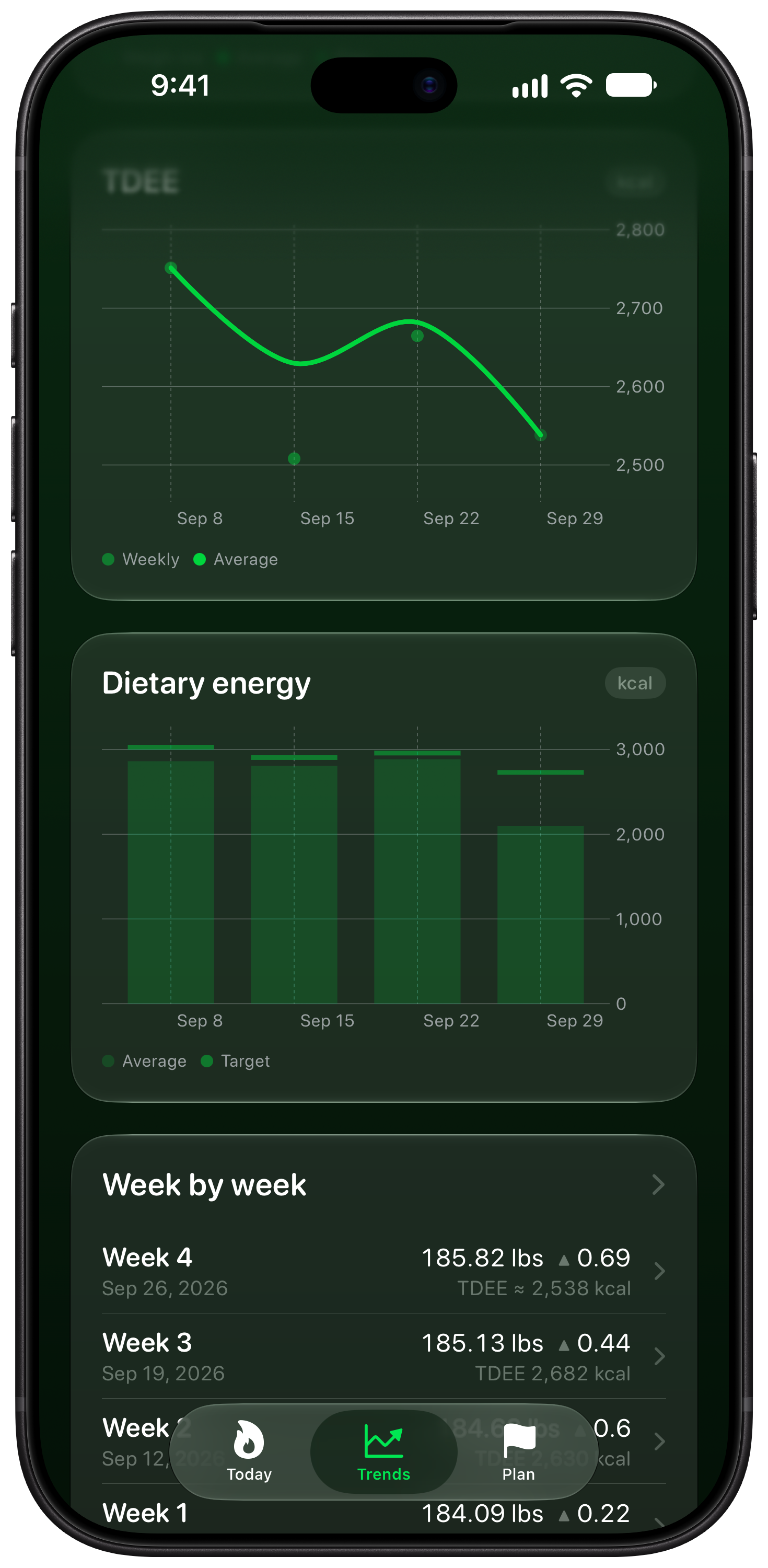 Burn Rate on iPhone 18 Pro Max showing Intake Target in the Green tint, dark appearance.