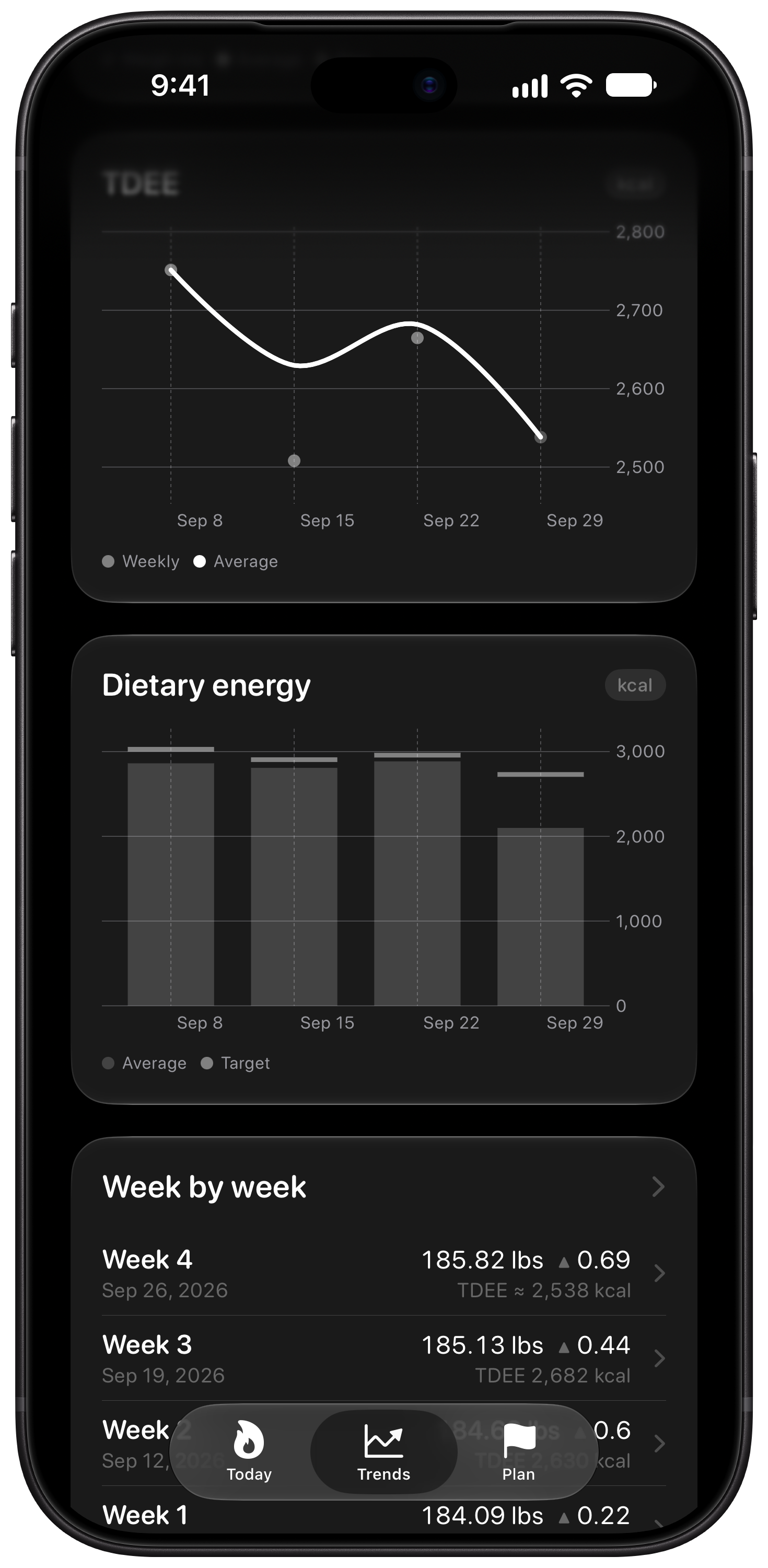 Burn Rate on iPhone 18 Pro Max showing Intake Target in the Grey tint, dark appearance.