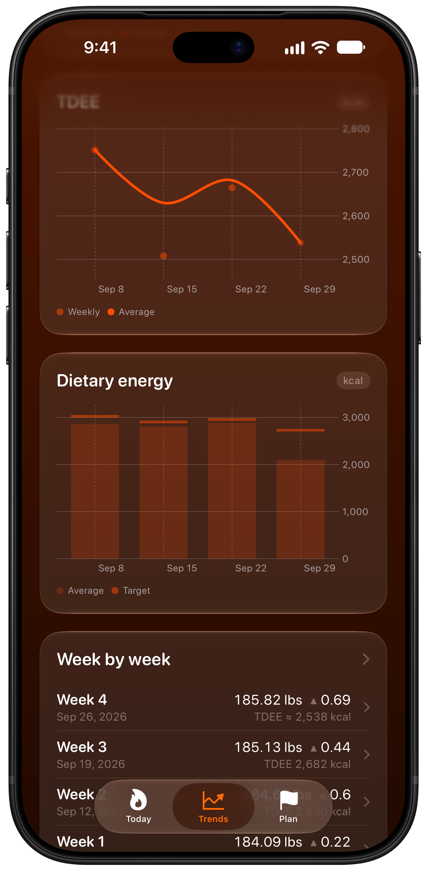 Burn Rate on iPhone 18 Pro Max showing Intake Target in the Orange tint, dark appearance.